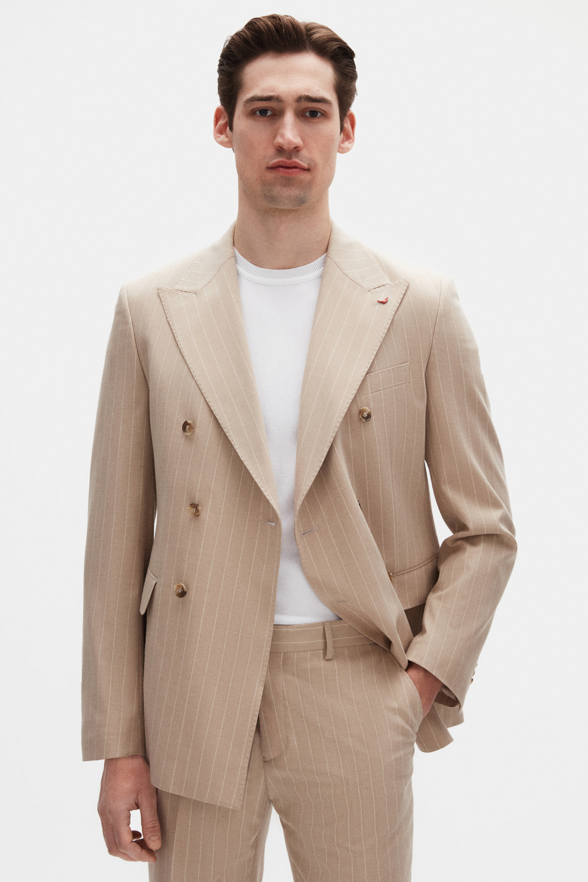 D'S Damat  Ds Damat Regular Fit Bej Çizgili Kruvaze Takim Elbise