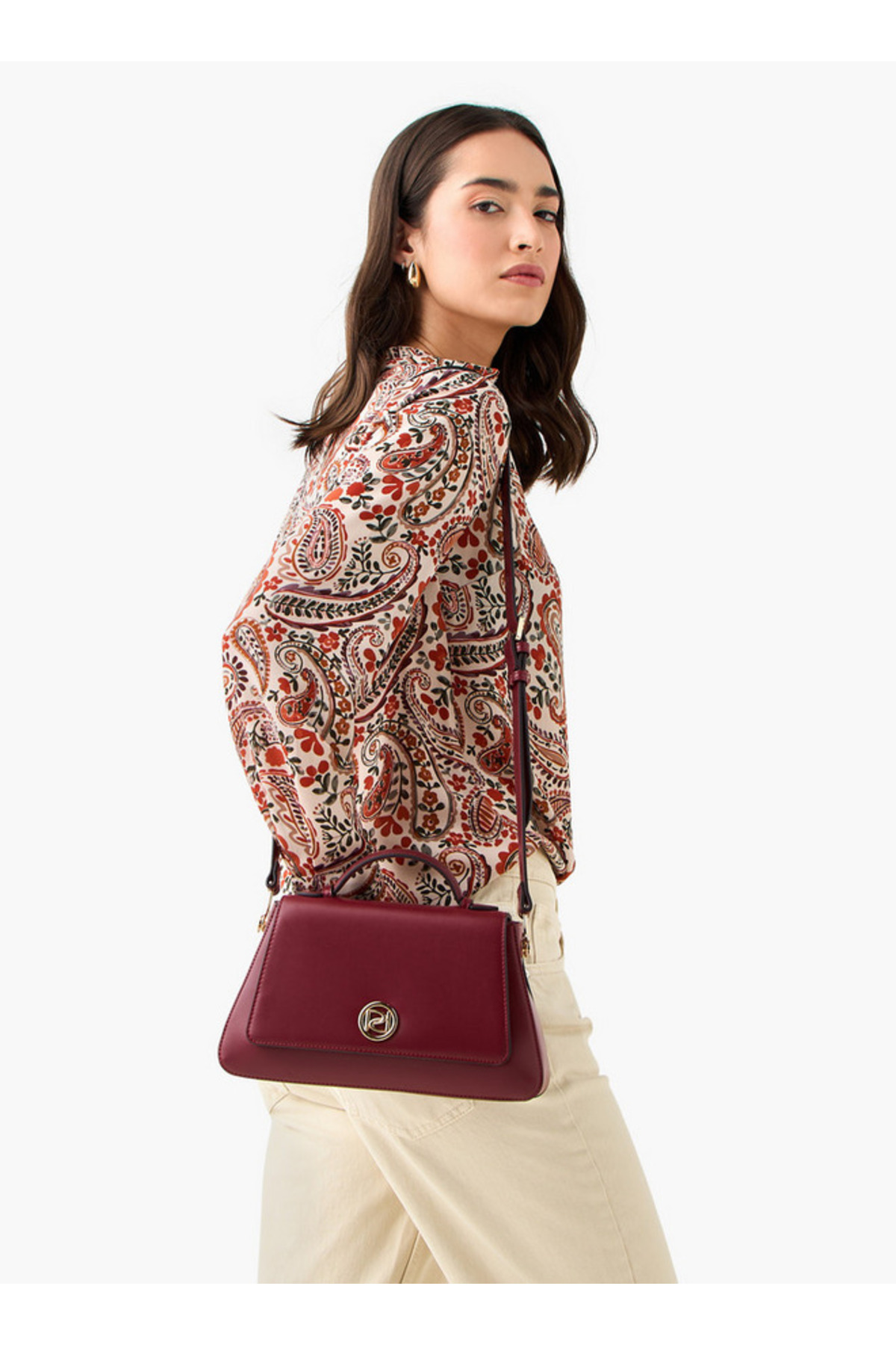 Paprika-Solid Satchel Bag with Button Closure 2