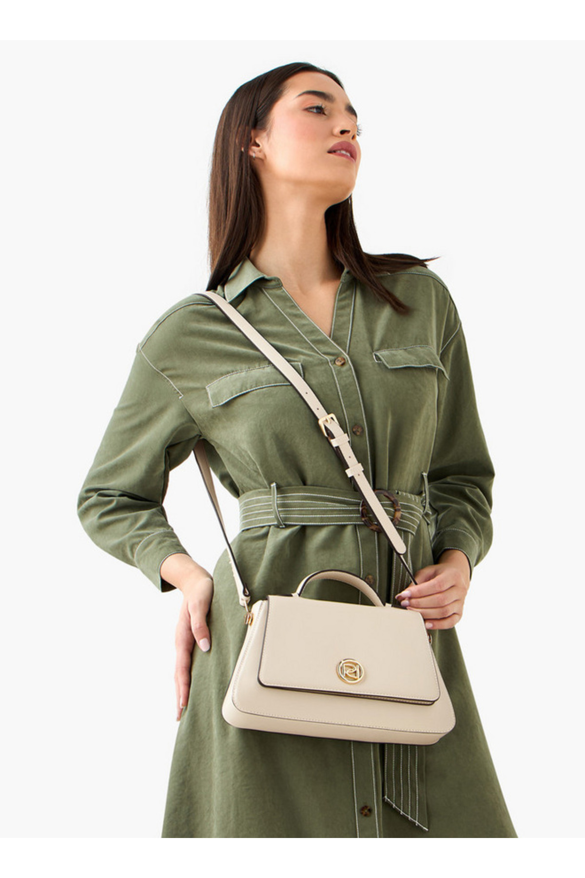 Paprika-Solid Satchel Bag with Button Closure 2