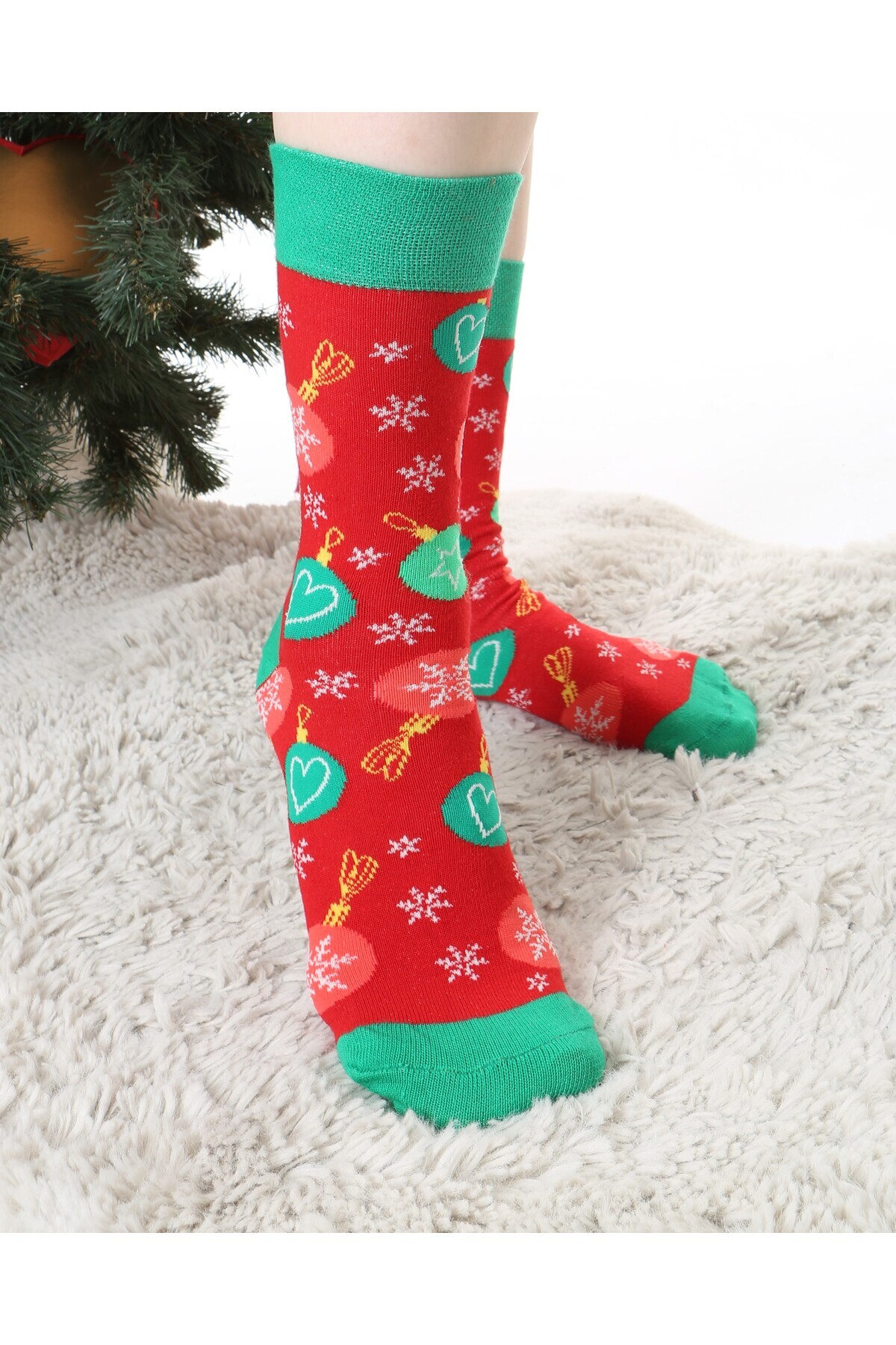 Socks Tunnel-New Year's Heart Snowflake Patterned Red Colored Socks 3