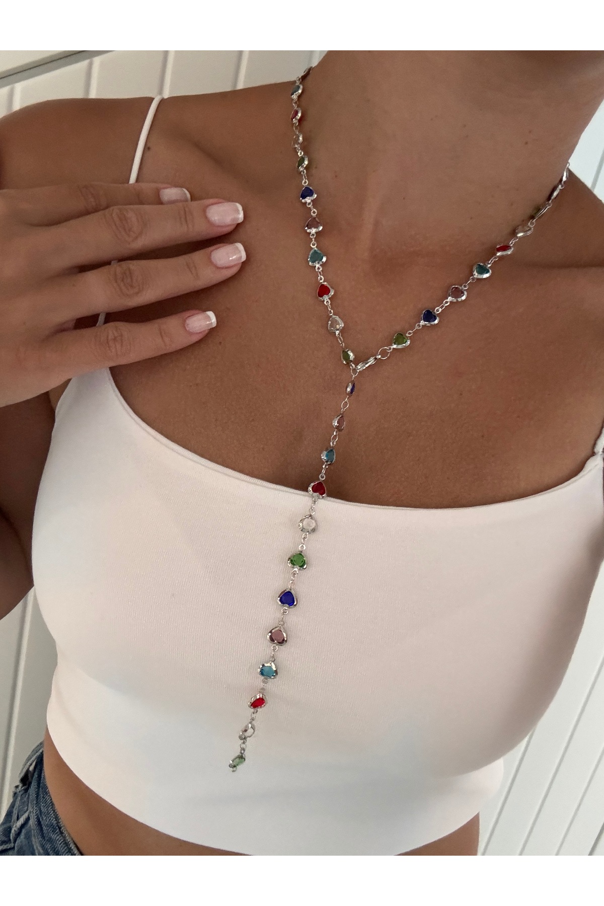 Silver Color Y Necklace with Colorful Gemstone | 60 cm