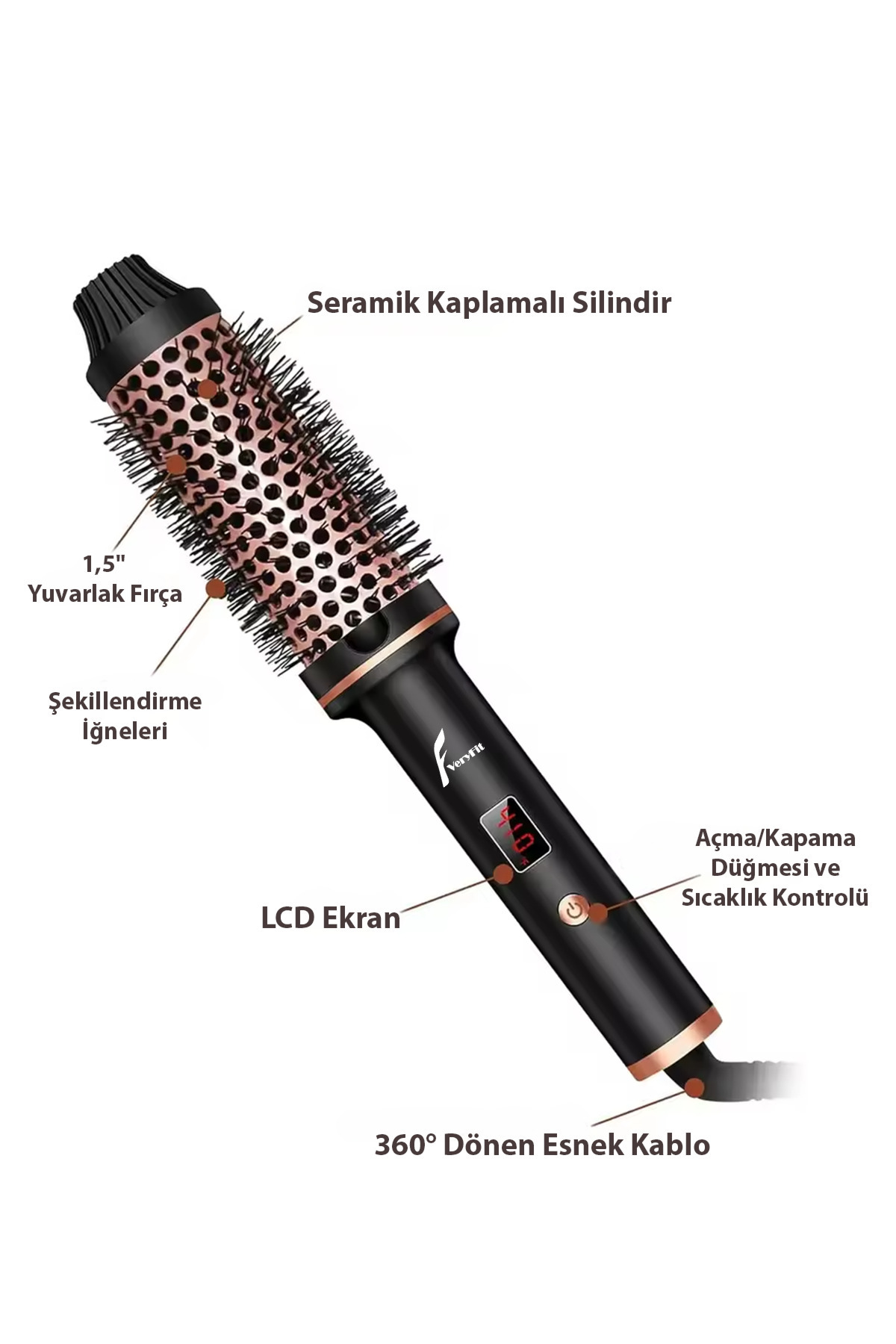 VERYFİT-38 mm Dual Ptc 3 in 1 Lcd Display Ionic Thermal Brush Hair Styler - Straightener Comb 2