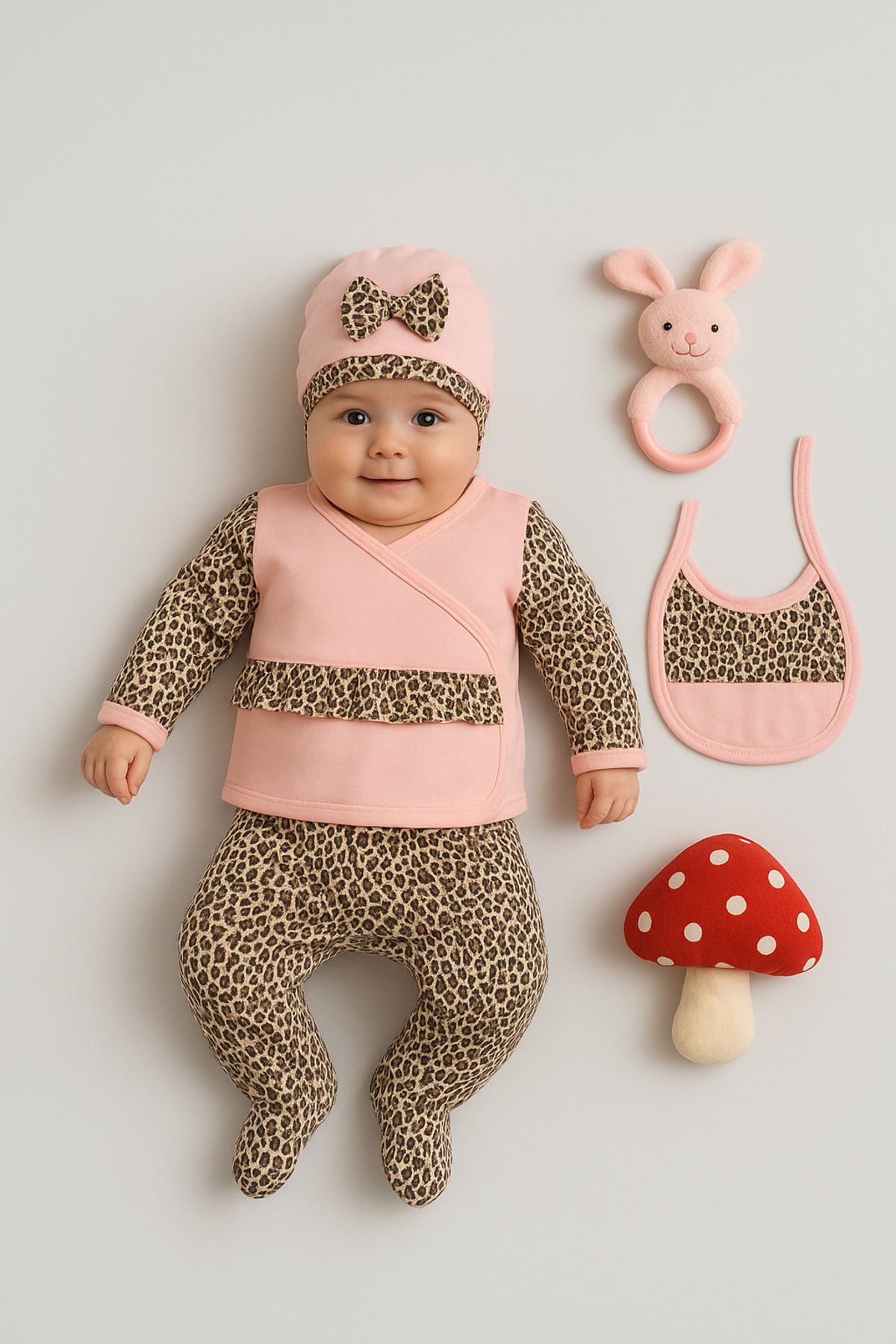bebekpare Kız Bebek Yenidoğan Hastane Çıkış Seti Leopar Desenli Fırfırlı Somon fotoğrafı 2 (önizleme)