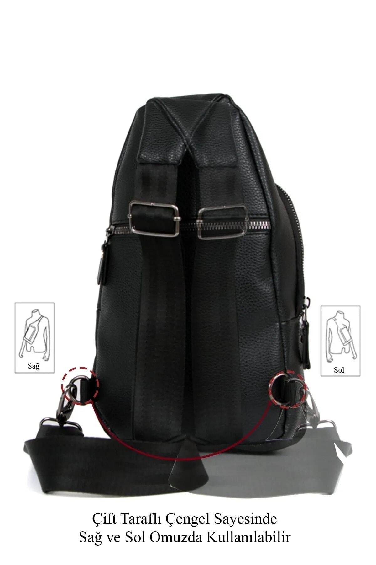 AVCA  Unisex Siyah Su Geçirmez Vegan Deri Kulaklık Çıkışlı Çapraz Askılı Bel Omuz Göğüs Çanta - Görsel 8