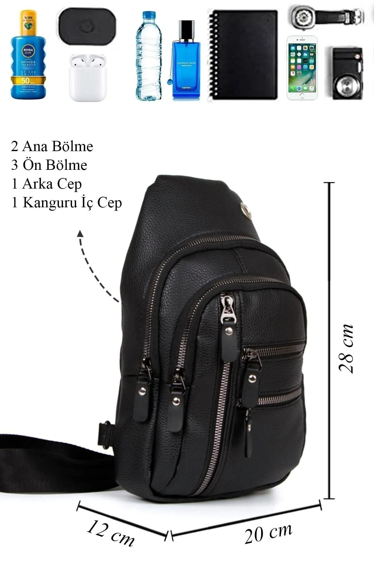 AVCA  Unisex Siyah Su Geçirmez Vegan Deri Kulaklık Çıkışlı Çapraz Askılı Bel Omuz Göğüs Çanta - Görsel 5