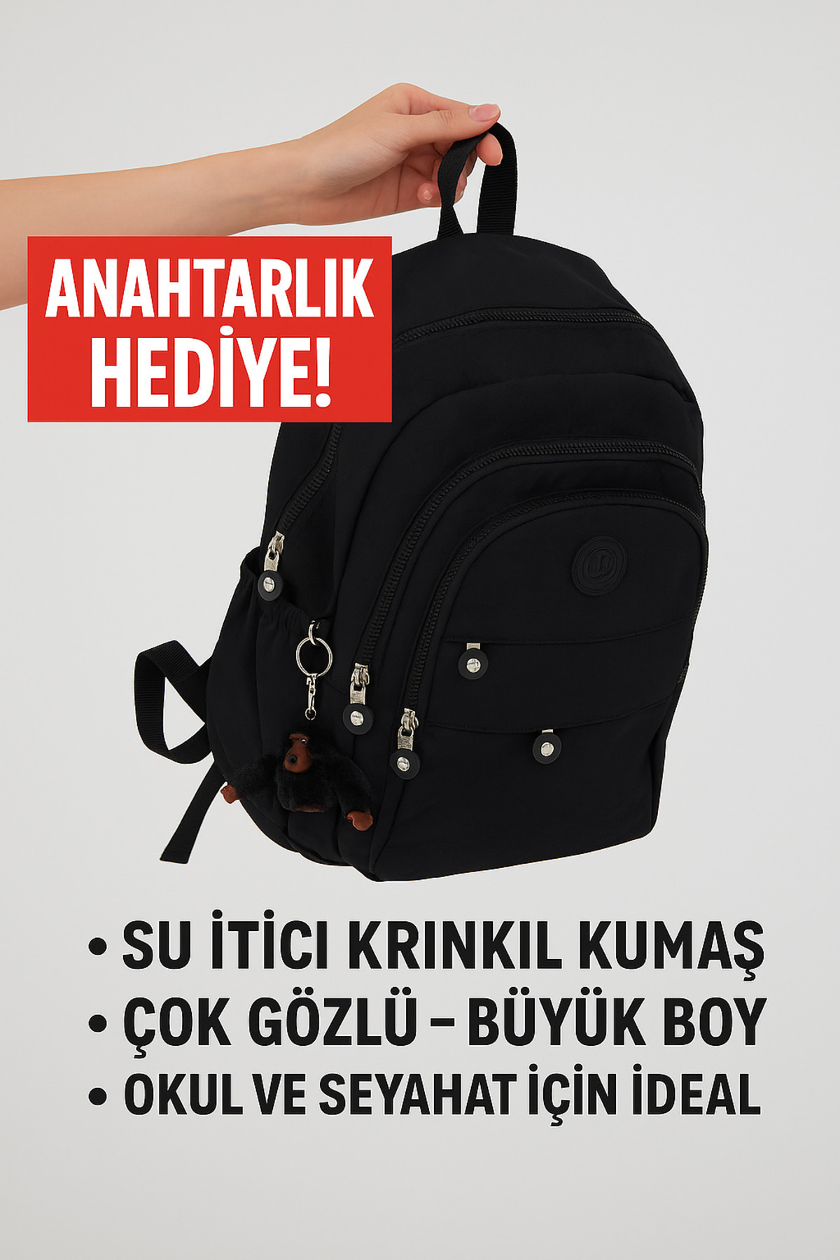 Rosso Collina Unisex Krinkıl Kumaş Su itici Büyük Boy Çok Gözlü Siyah Seyahat Sırt Çantas Lise Ortaokul universite görsel 3