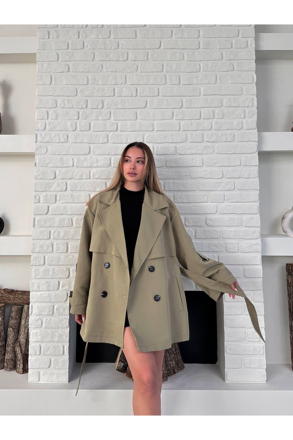 Bella Breeze Kadın Beli Kemerli Premium Kısa Boy Trençkot