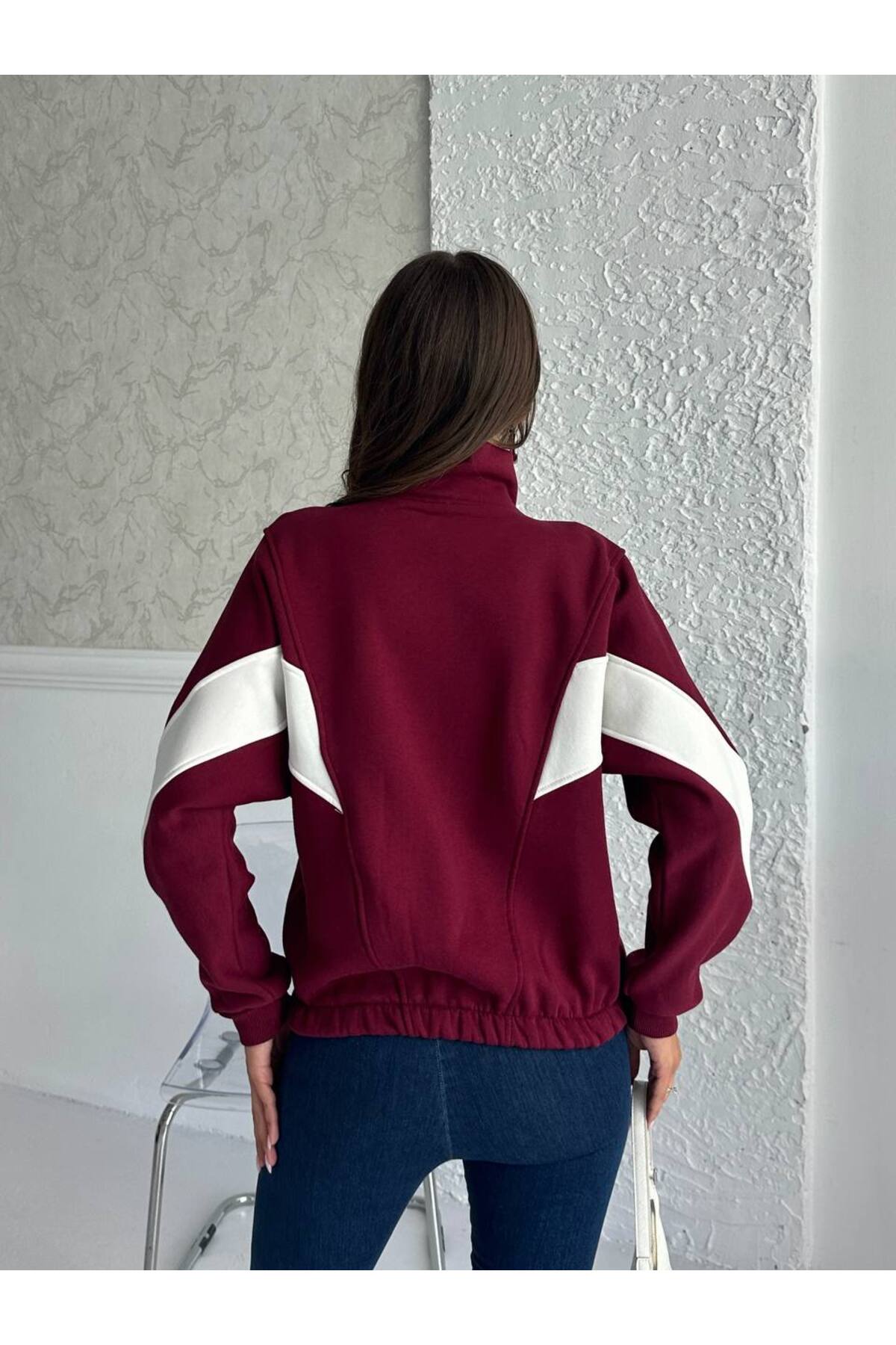 Zeynep Öykü Style  Kadın 3 iplik Penye Kumaş Şardonlu Garnili Renk Bloklu Oversize Hırka Eşofman Üstü Sweatshirt - Görsel 7