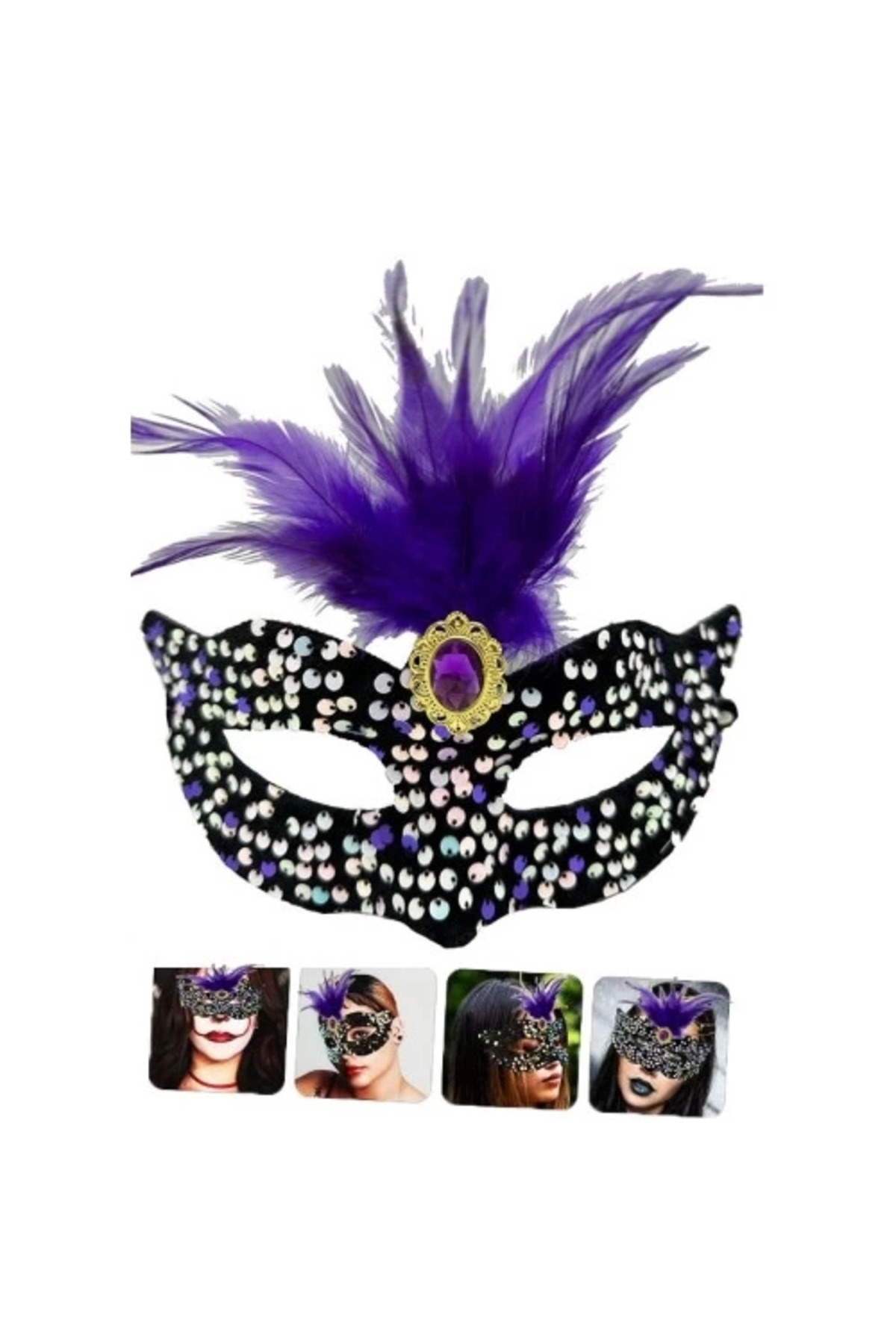Glowify Store BUĞZ Siyah Kadife Payetli Pullu Mor Tüylü Parti Maskesi