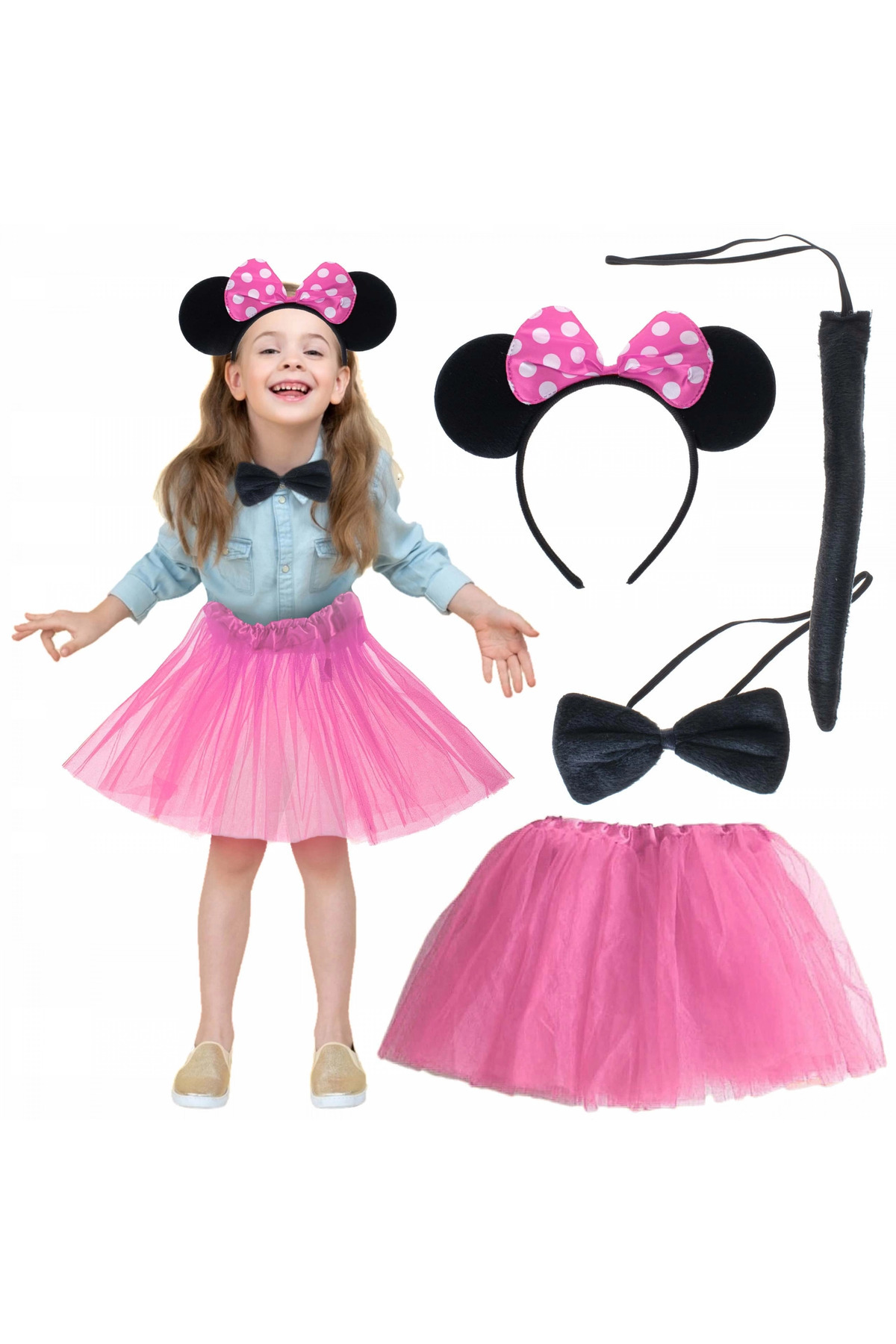 Glowify Store Minnie Kostüm Seti (Pembe Tütü Etek + Pembe Taç + Papyon + Kuyruk)