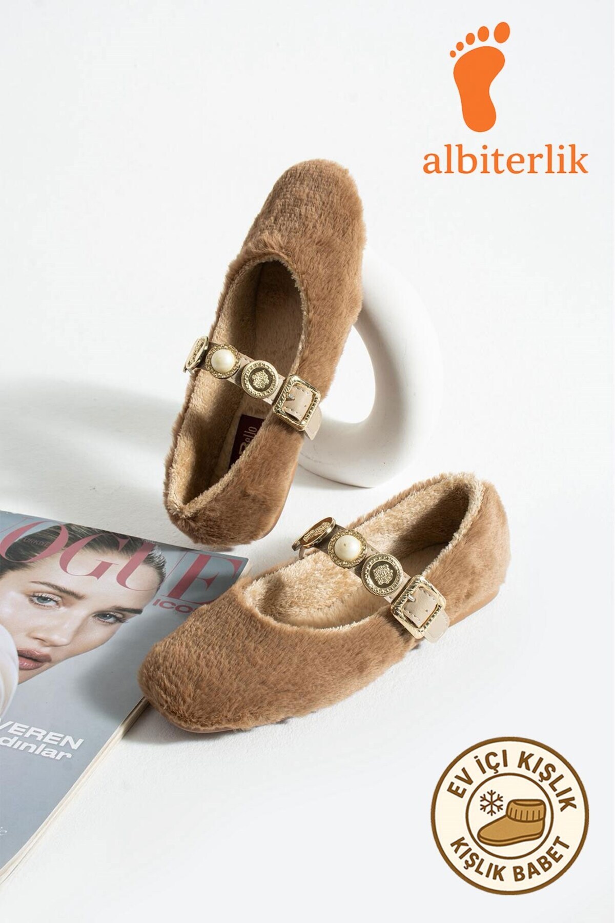 AlbiShoes Çeyiz Bohça Pofuduk Kadın Ev Babeti Kışlık Taşlı Tokalı Peluş Yünlü Ev İçi Dış Mekan Babet