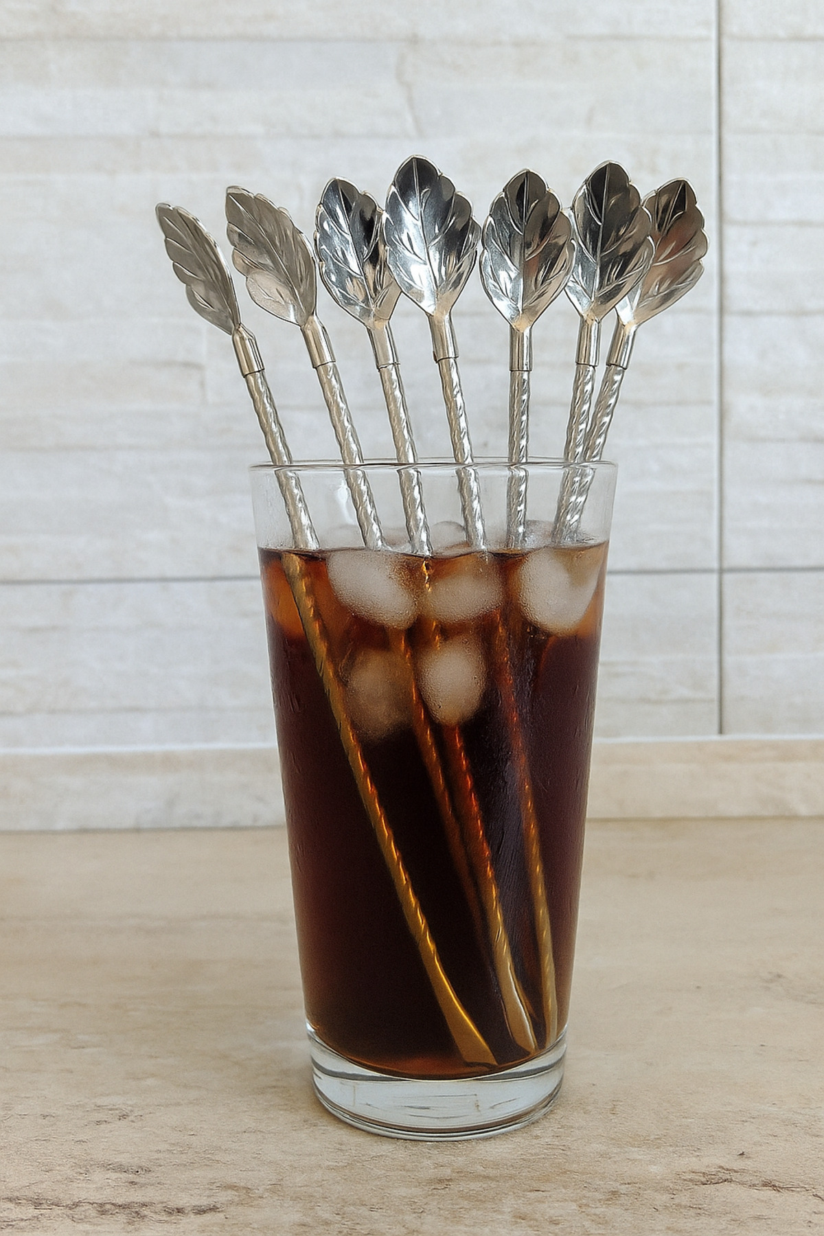 CEZVE HOME 6'lı Kaşıklı Çelik Pipet Fırça Hediyeli Paslanmaz Çelik Latte Kaşığı Kokteyl Karıştırıcı -Yaprak