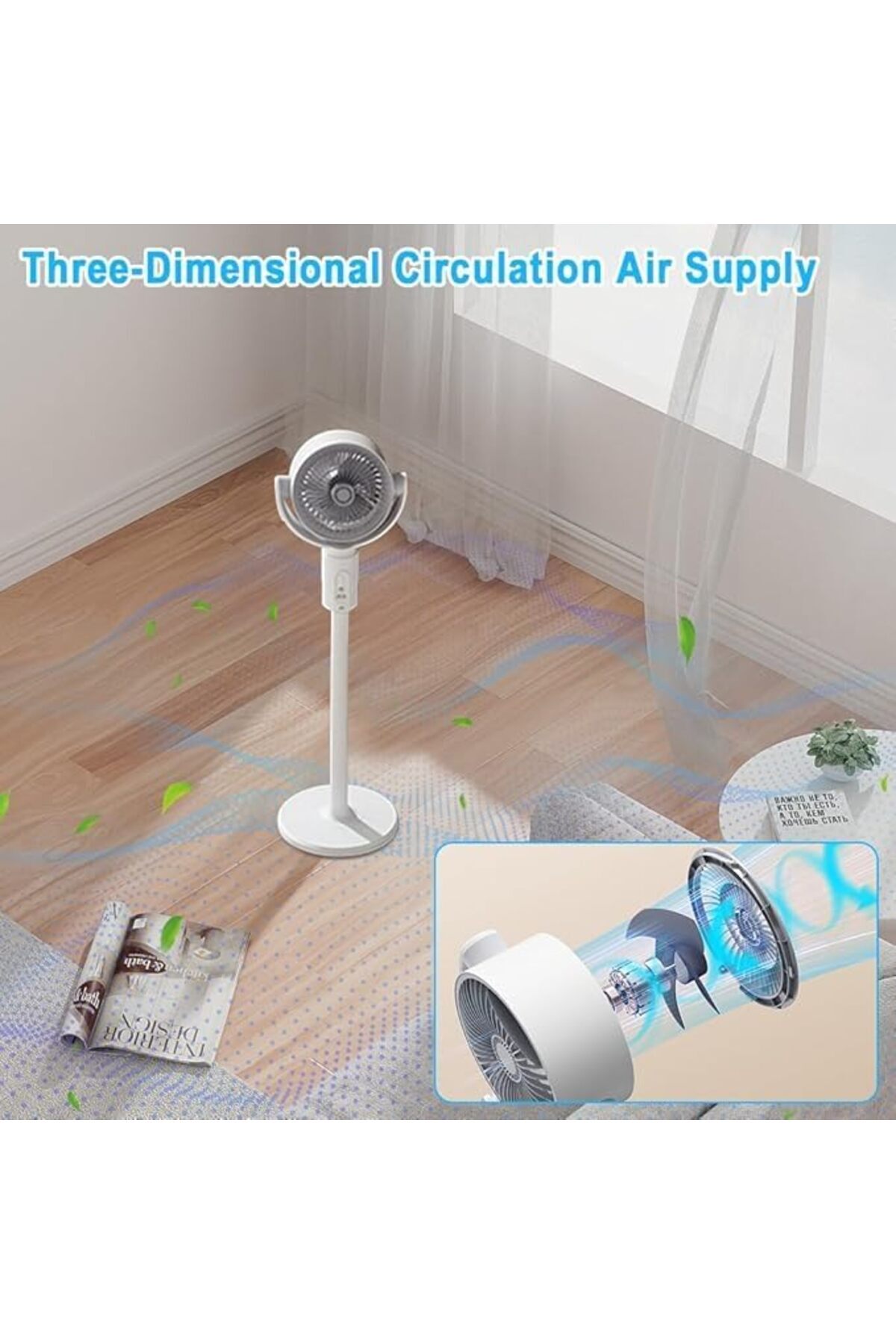 Generic-Rechargeable Fan with 90°+360° Rotation: Adjustable 3-Height Floor Fan with 5-Speed Quiet Air Circ 3