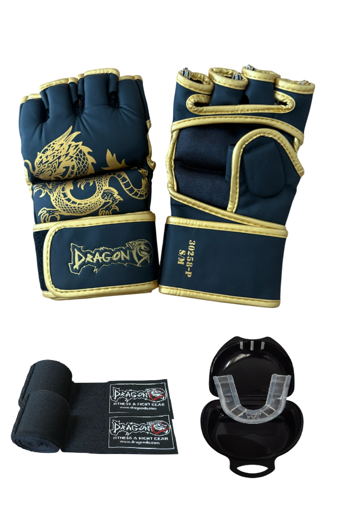 Dragondo GOLD FURY MMA Eldiveni Bandaj ve Şeffaf Dişlik 3’lü Set – Profesyonel MMA Giftoom