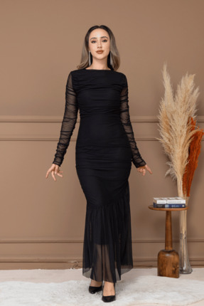 BEYBOS Tül Kumaş Büzgü Detaylı Kalem Elbise - SİYAH