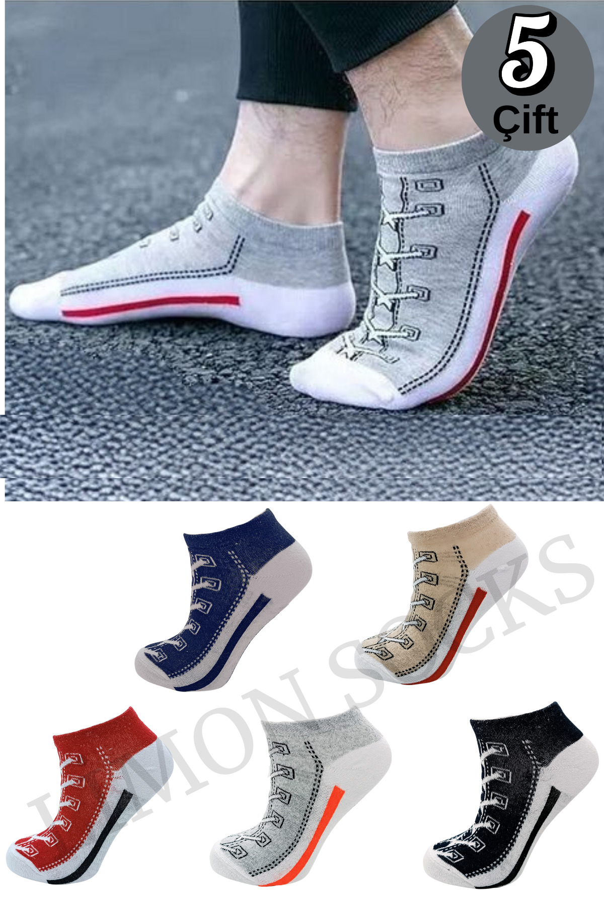 Erkek Çorap (5 Çift) Unisex Renkli Yıkamalı Model Patik Kadın Çorap