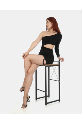 JK Stores Asimetrik Kesim Bel Detaylı Tek Kol Mini Elbise