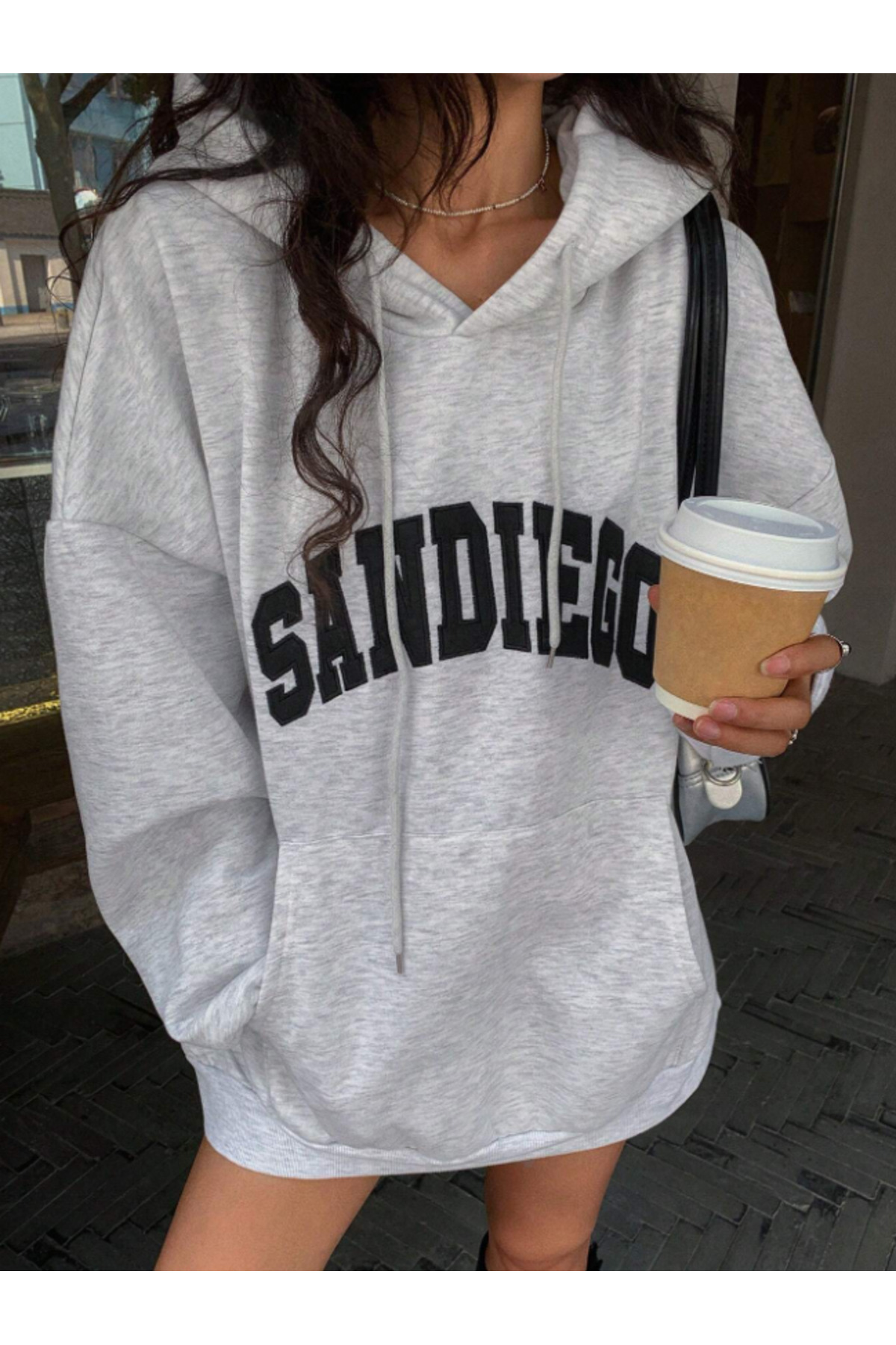 Revasser Unisex Erkek/Kadın SANDIEGO Renkli Özel Baskılı Pamuklu Oversize Kapüşonlu Sweatshirt görsel 4