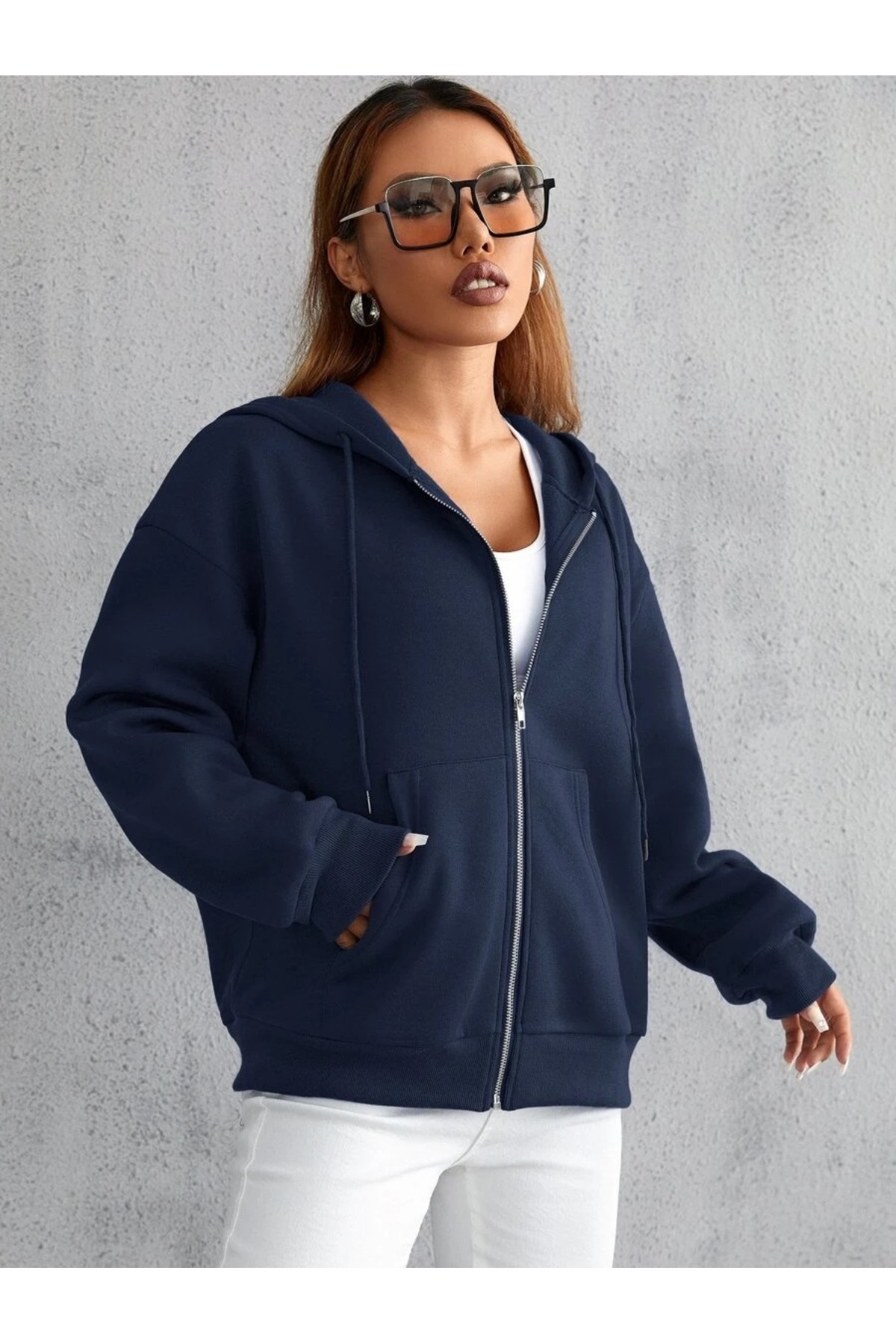 trendypassion  Unisex Lacivert Fermuar Kapüşonlu Sweatshirt - Görsel 6