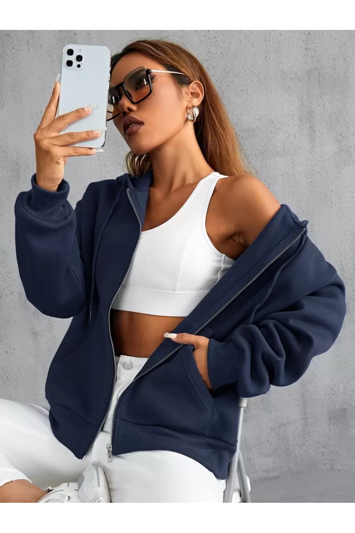 trendypassion  Unisex Lacivert Fermuar Kapüşonlu Sweatshirt - Görsel 5