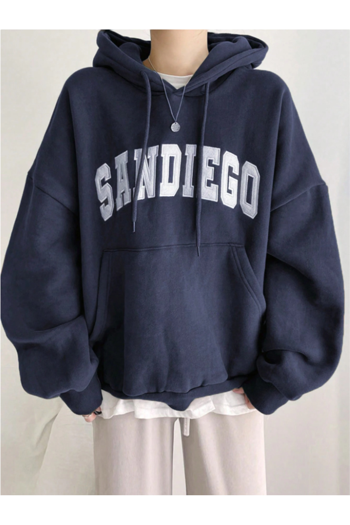 Unisex Erkek/Kadın SANDIEGO Renkli Özel Baskılı Pamuklu Oversize Kapüşonlu Sweatshirt — سرمهای SANDIEGO-REVASSER-