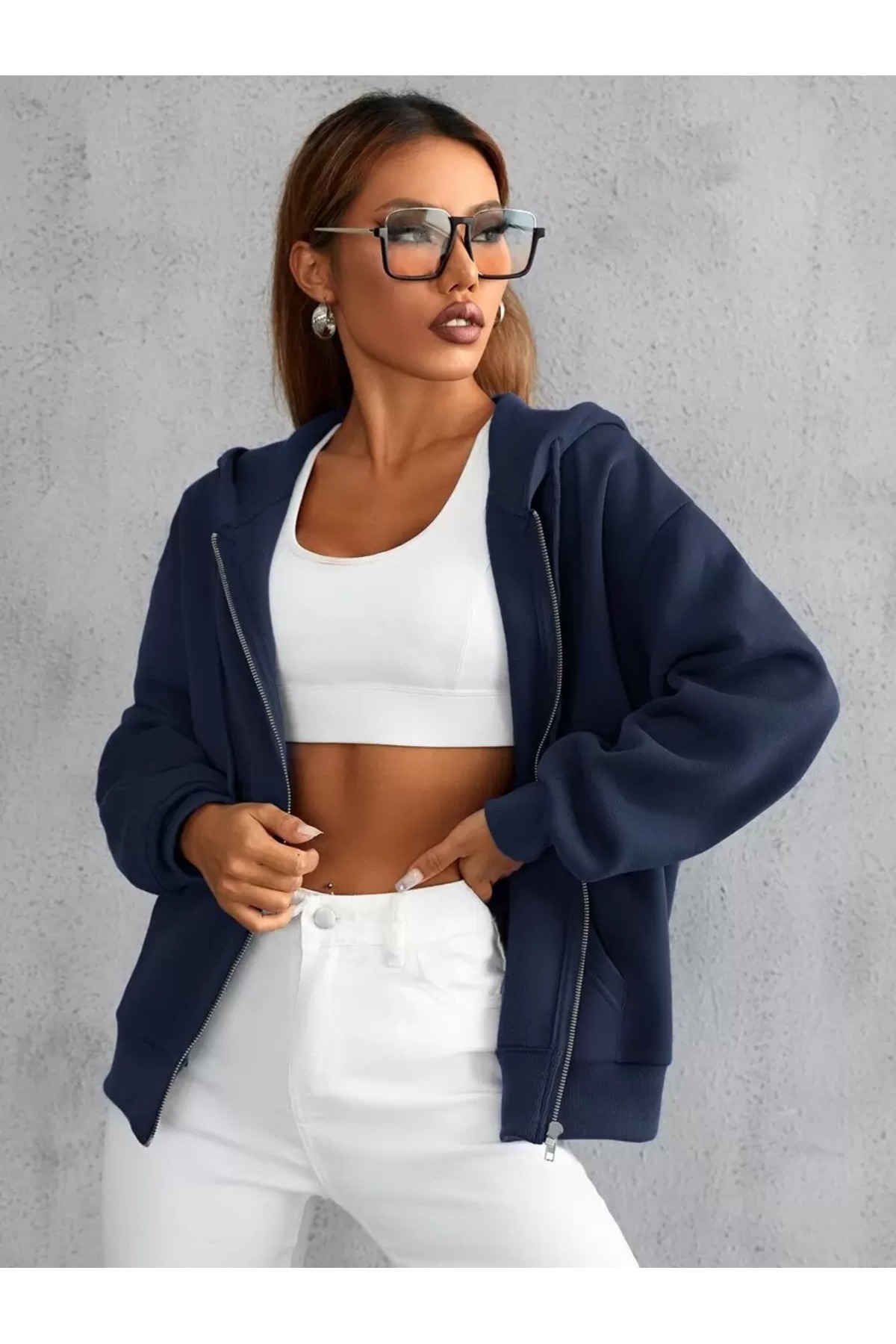 trendypassion  Unisex Lacivert Fermuar Kapüşonlu Sweatshirt - Görsel 4