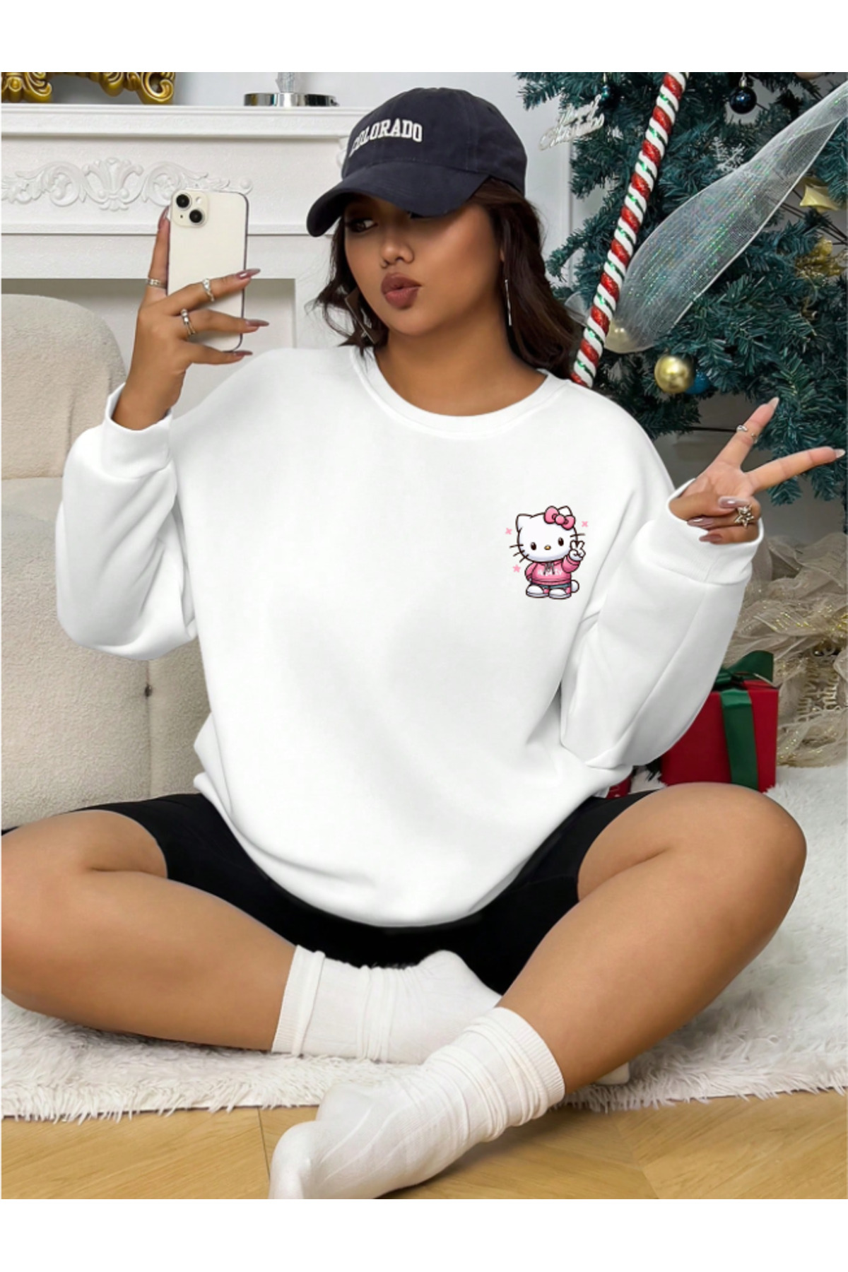 COHERENT Unisex Kadın/Erkek KITY HELLO Özel Baskılı Renkli Oversize Bisiklet Yaka Pamuklu Sweatshirt