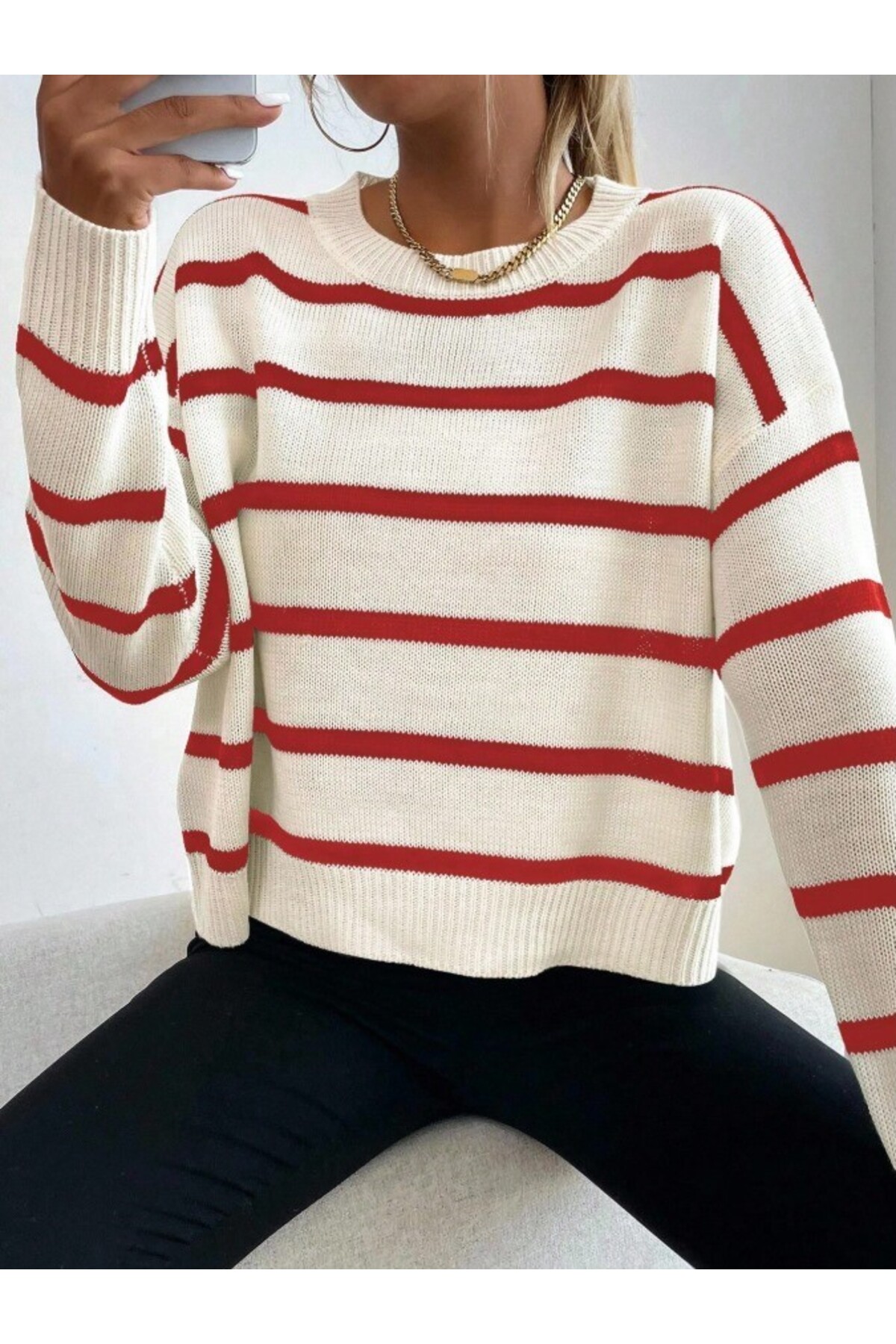 Women's single plate white striped knitwear sweater, Striped Sweater fmoda1500