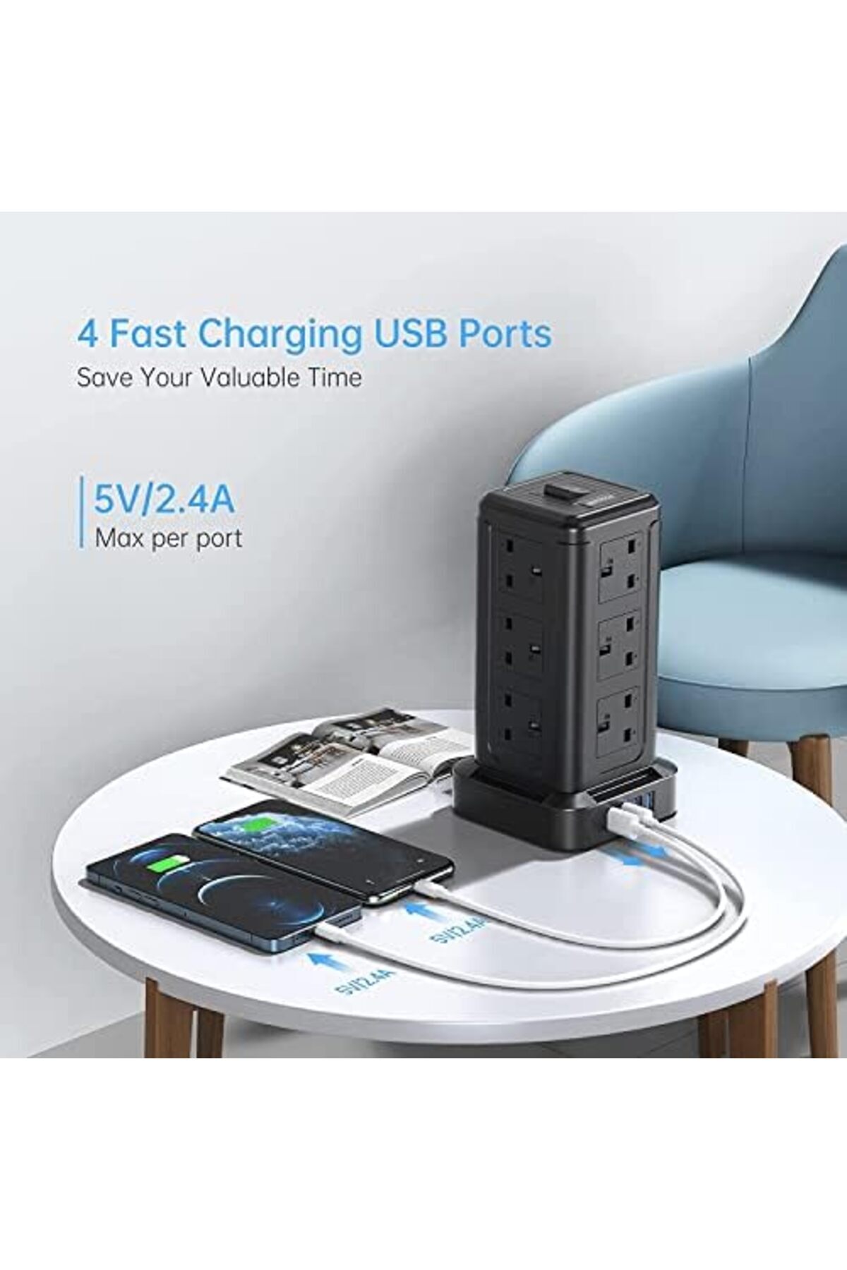 BEPITECH-Power Extension Cord Tower, 12 Power Sockets Desktop Charging Station 2500W, 4 Smart USB Sl 4