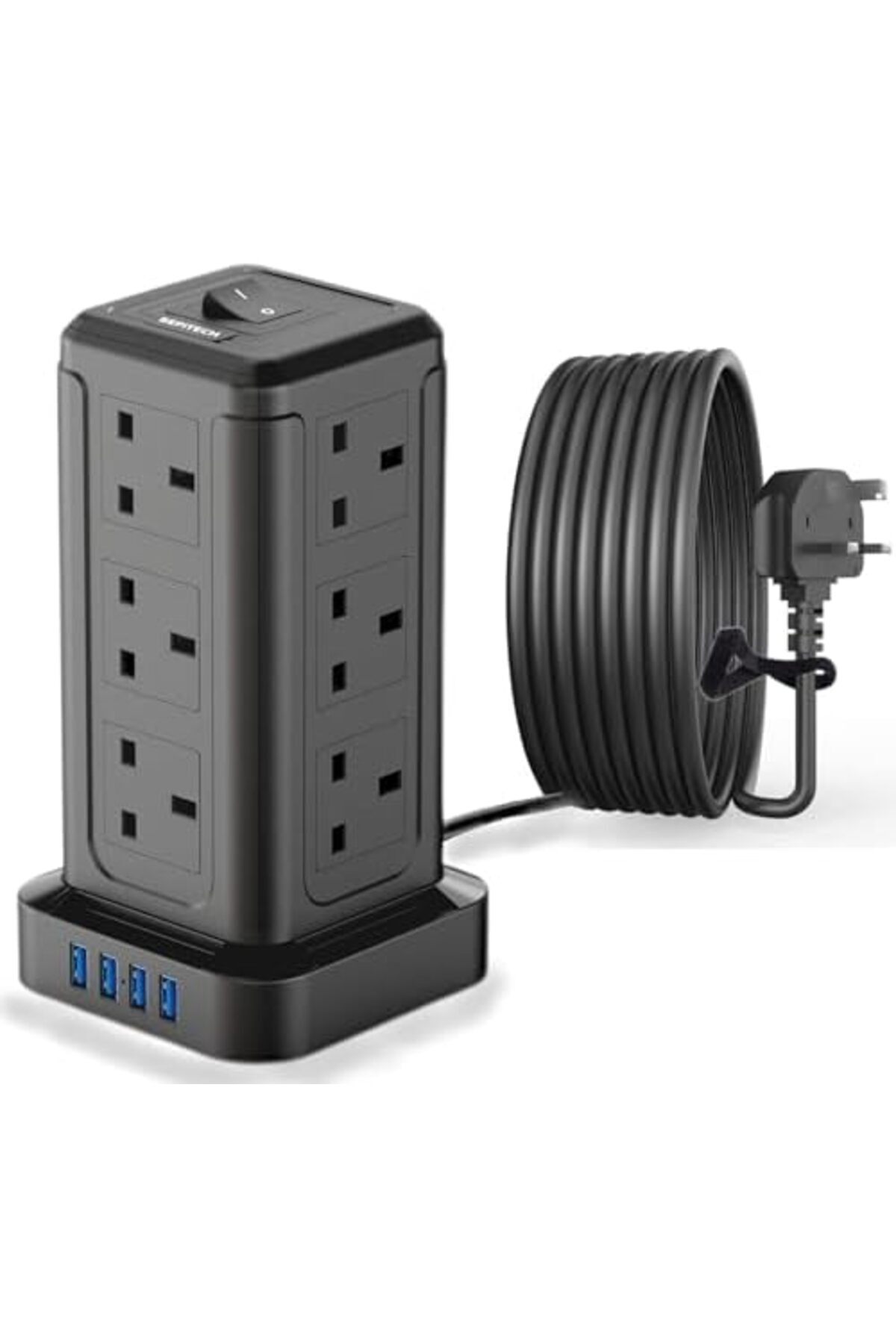 BEPITECH-Power Extension Cord Tower, 12 Power Sockets Desktop Charging Station 2500W, 4 Smart USB Sl 2