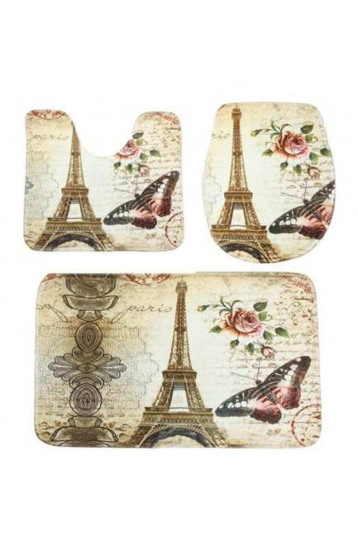 FizioTab-Set of 3 FizioTab Bath Mats, Anti-Slip, Eiffel Tower with Butterflies Pattern, Multicolor 1
