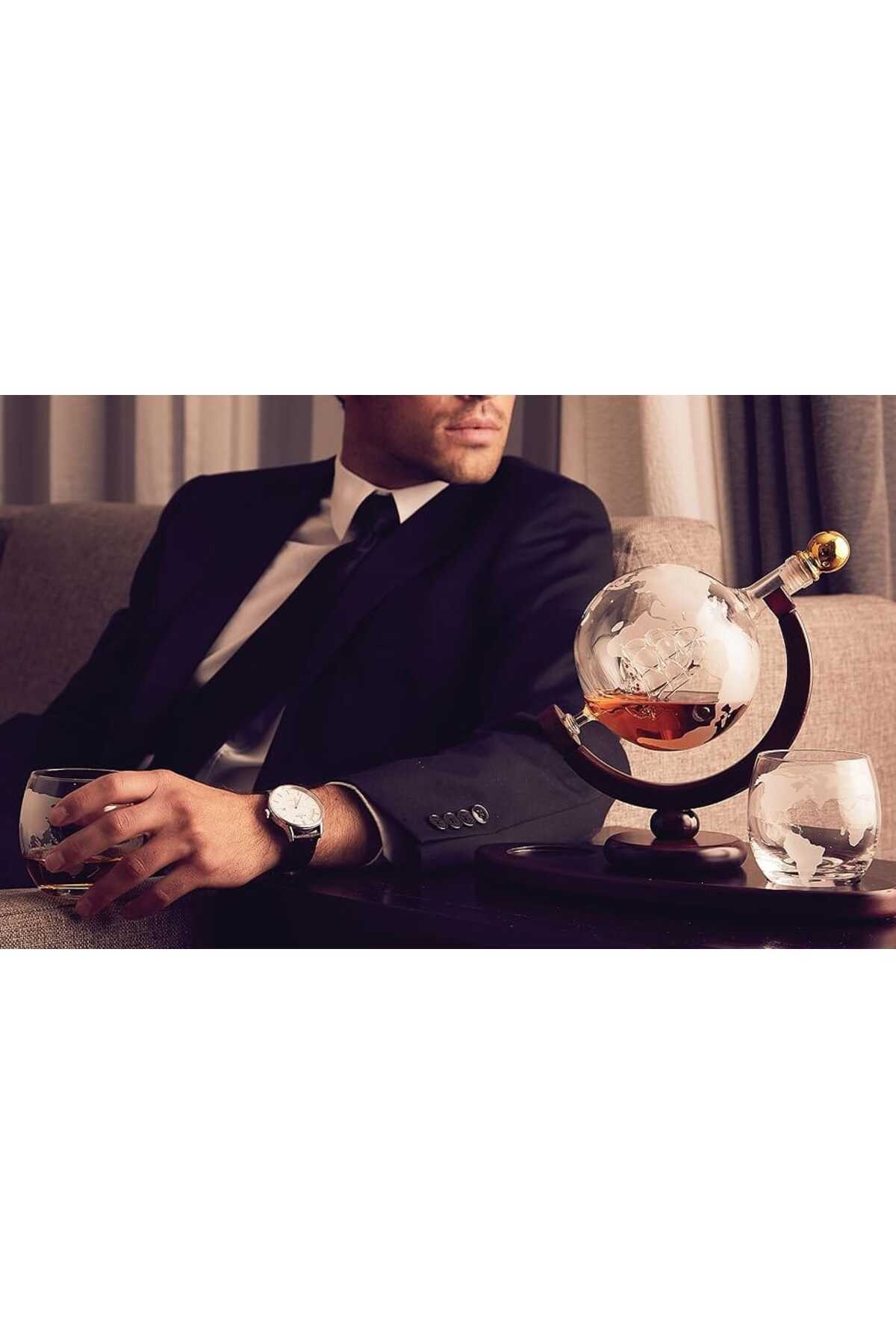 Elindor-Elegant Whiskey Globe Decanter Set with Engraved Glasses for Scotch, Volume 850 ml, Transparent 10