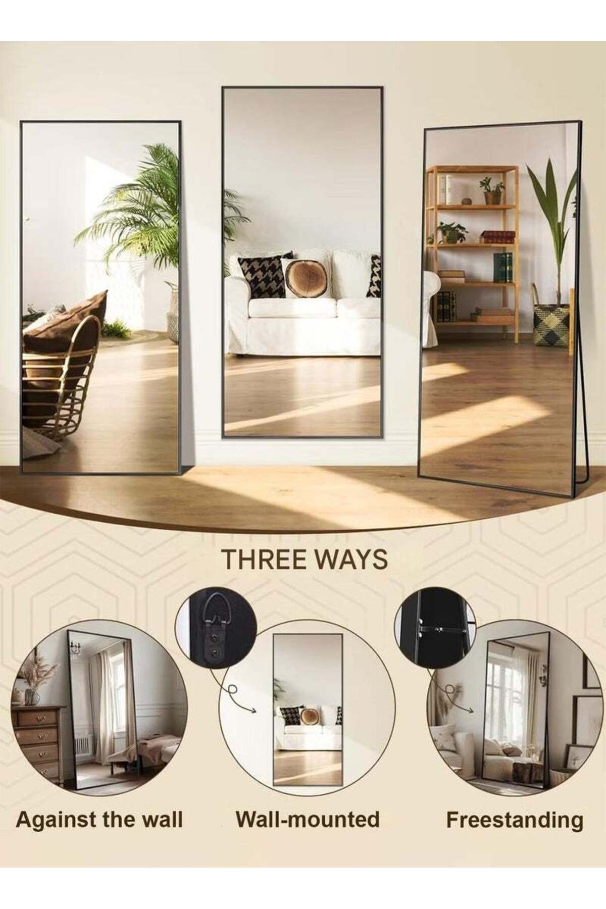 مرآة أرضية كبيرة بإطار معدني أسود، تصميم عصري وأني...