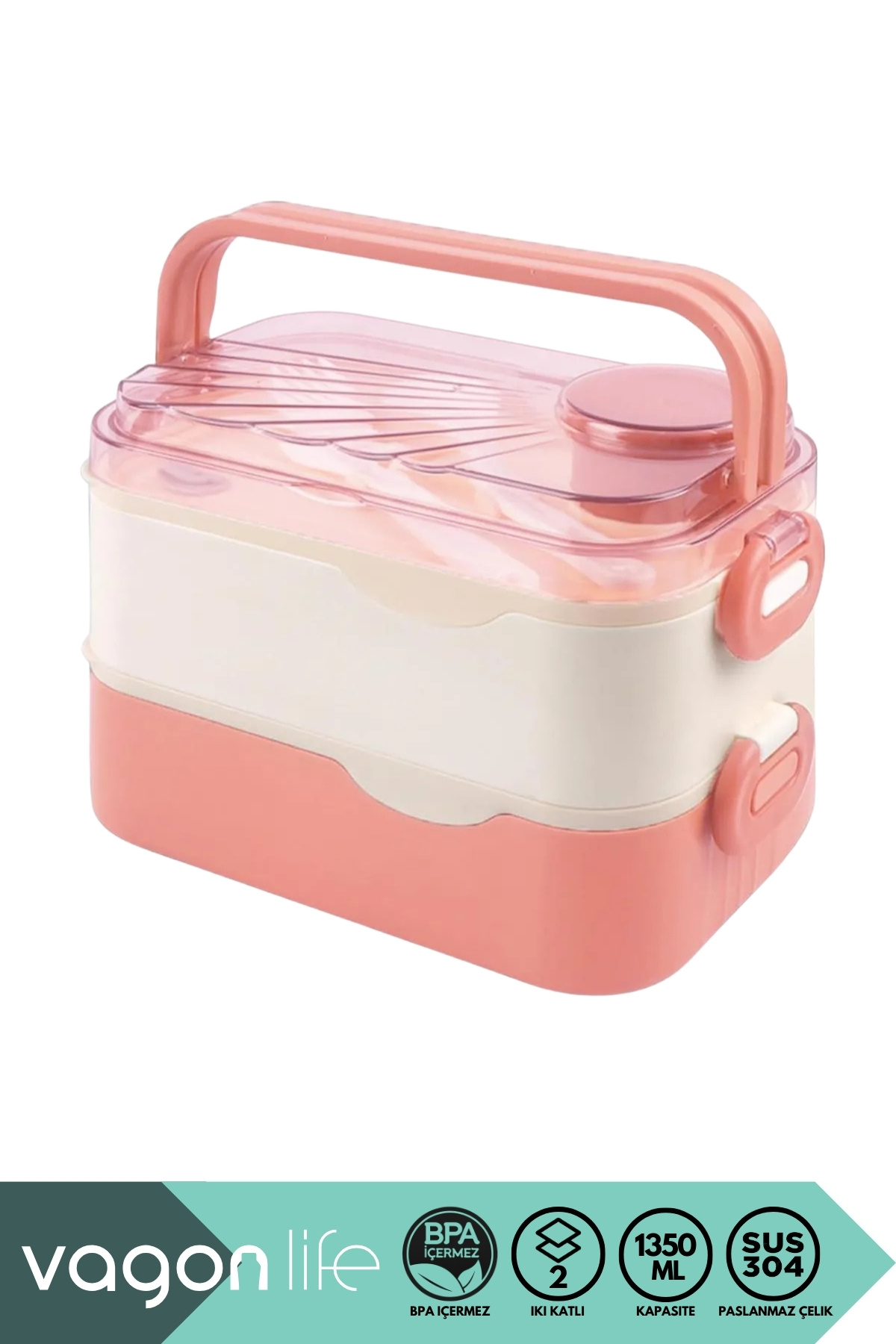 Vagonlife Bento 1350ml Lunchbox Yeni Koleksiyon 2 Katlı 3 Bölmeli ve Sosluklu Çelik Sefer Tası Yemek Kutusu