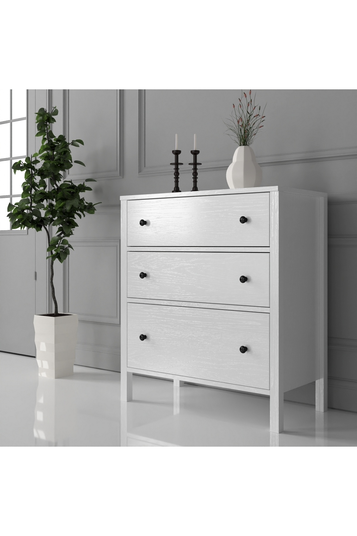 Sakura Ahşap Hunerika Valena 3 Çekmeceli Şifonyer -Wood Beyaz-Minifiks Bağlantılı