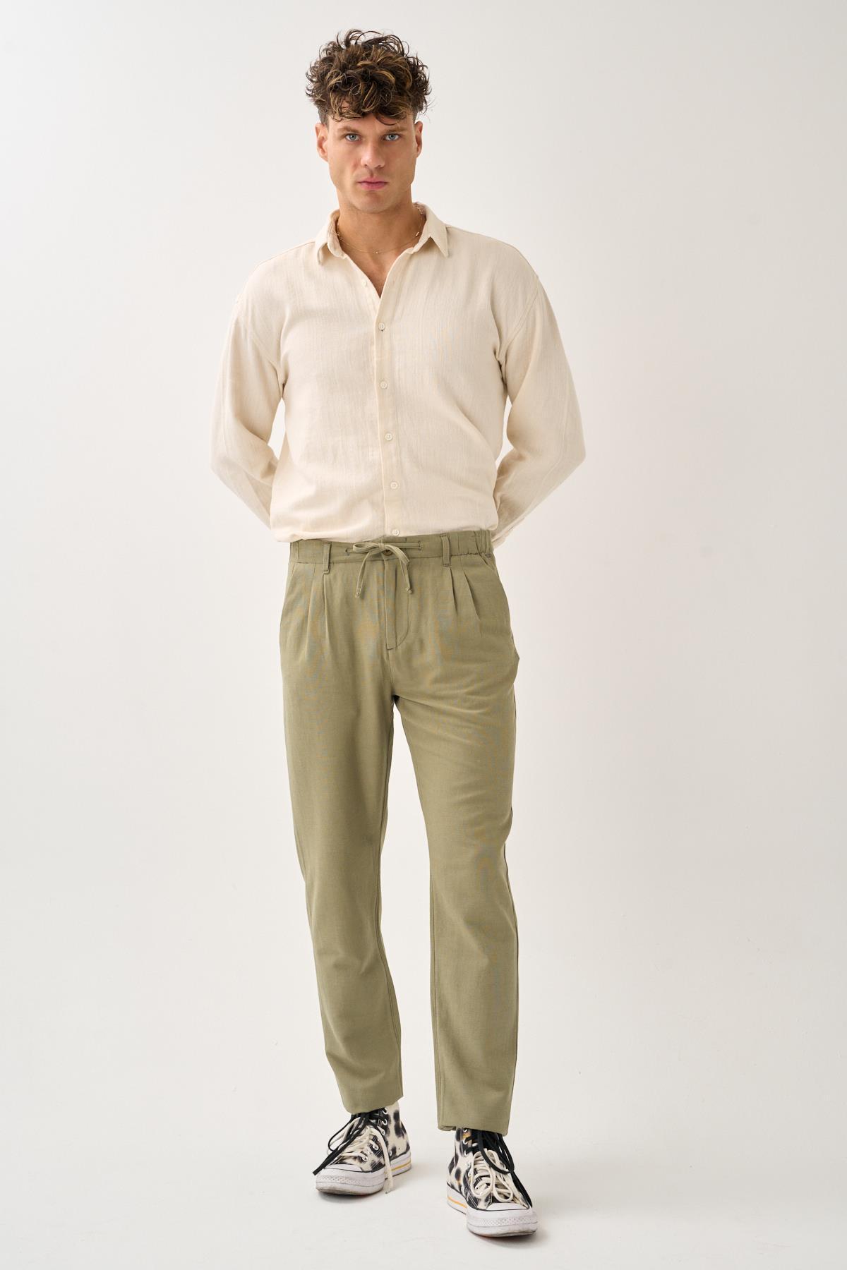 ALEXANDERGARDI-Regular Fit Elastic Waist Linen Trousers 3