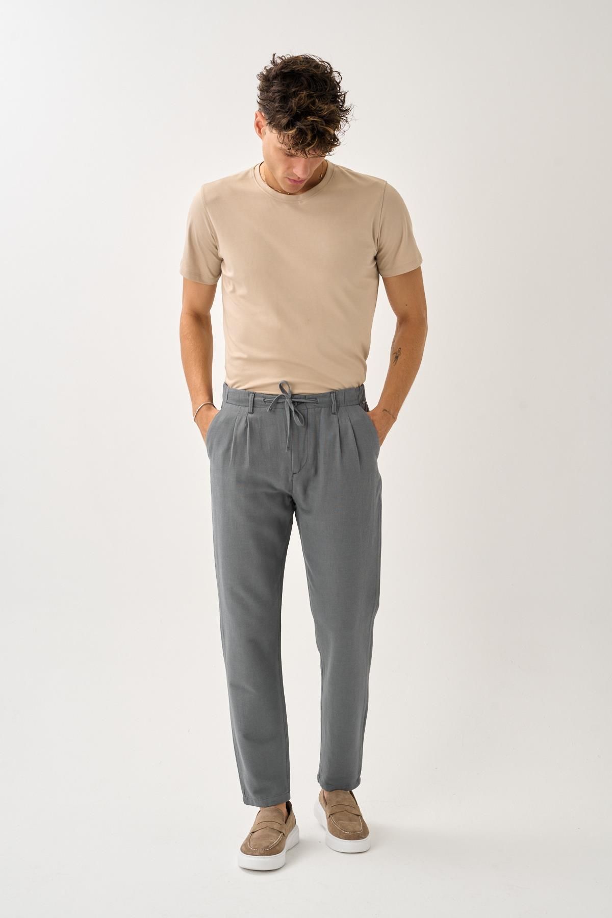 ALEXANDERGARDI-Regular Fit Elastic Waist Linen Trousers 1