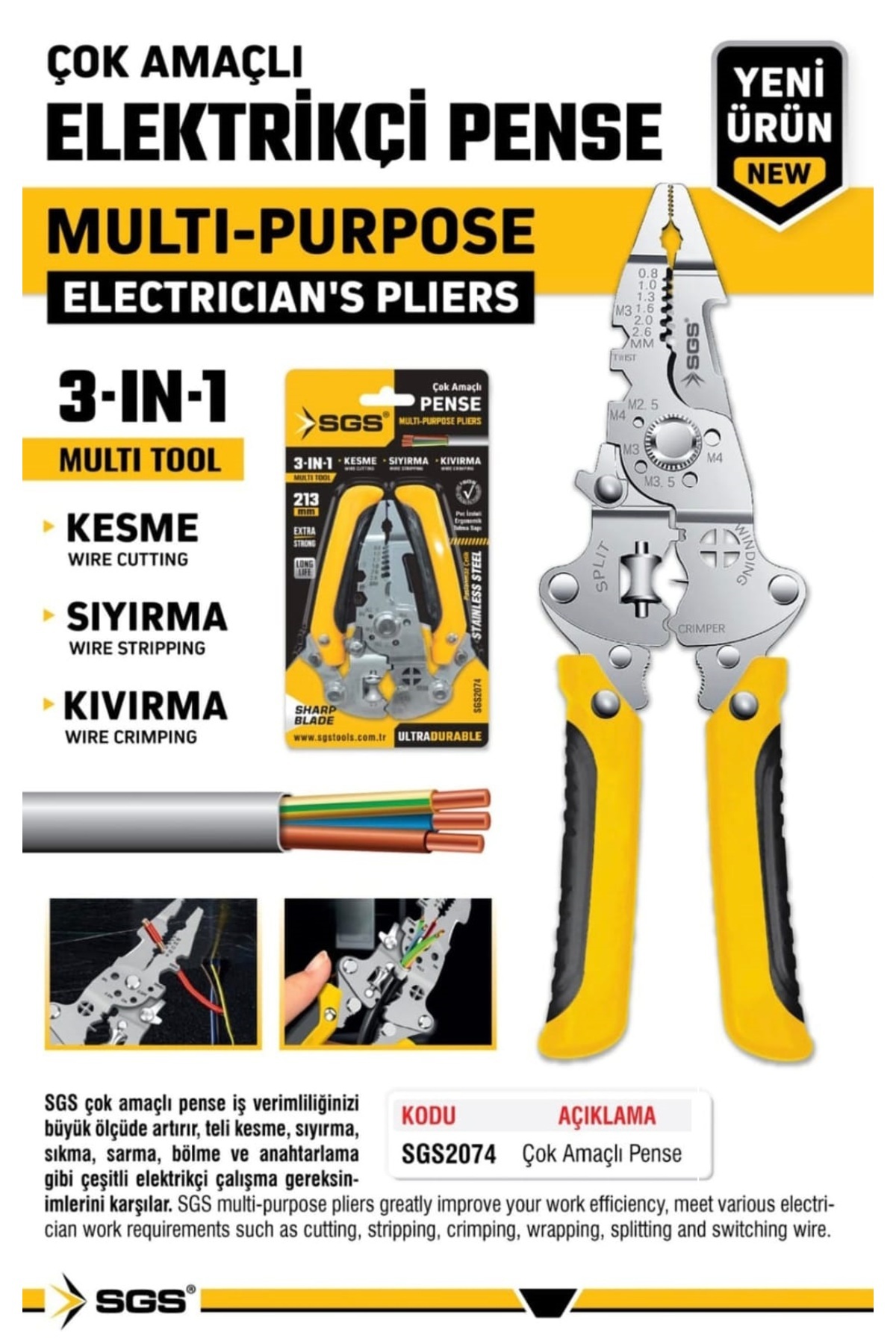 DEPOKON SGS Çok Amaçlı Elektrikçi Pense 3-in-1 | Kesme – Sıyırma – Kıvırma