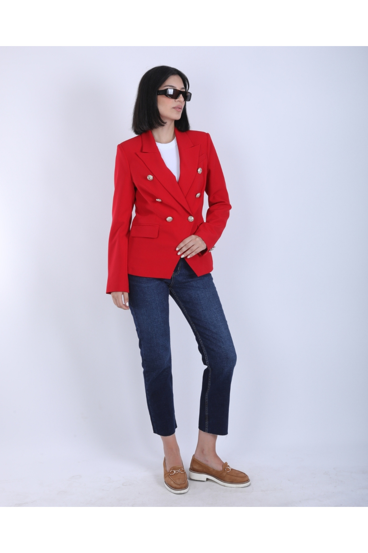 Kadın Kırmızı Kruvaze Düğmeli Premium Blazer Ceket