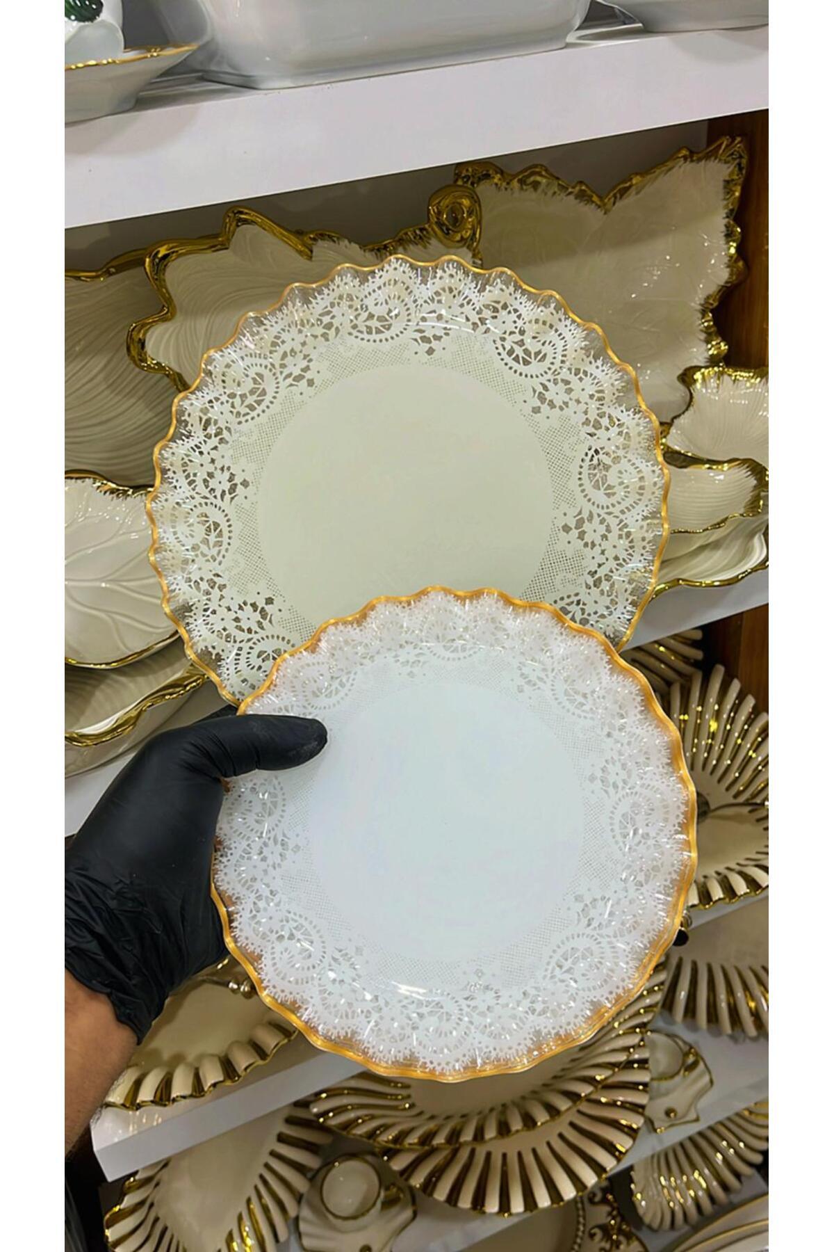 GÜRCÜGLASS Dantel Gold 7 Parça Pasta İkram Seti 1 Adet Servis