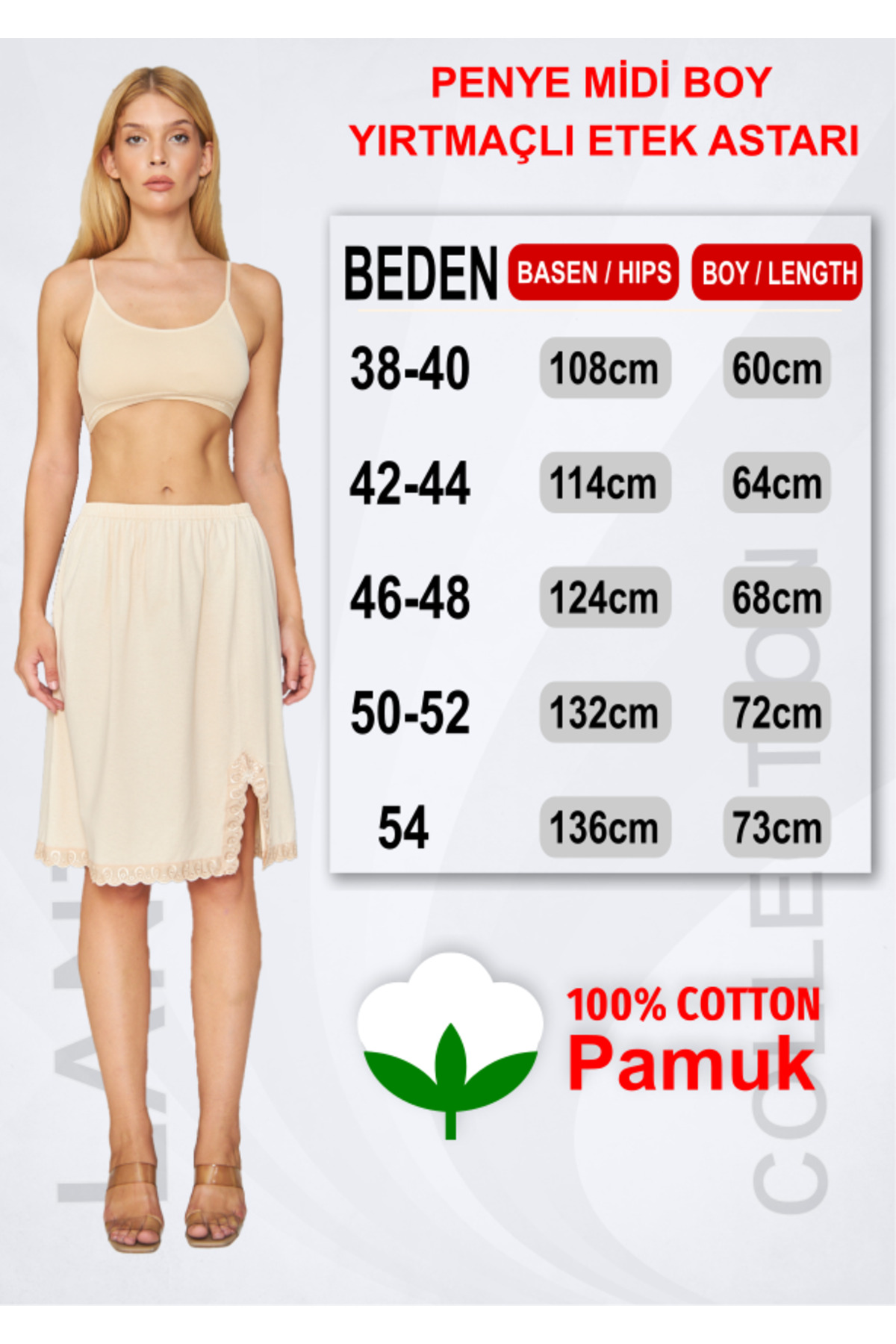 Lantliv %100 Pamuk Penye Midi Boy Yırtmaçlı Etek Astarı, Büyük Beden Astar, Pamuklu Astar, Jüpon, Etek Astar görsel 2