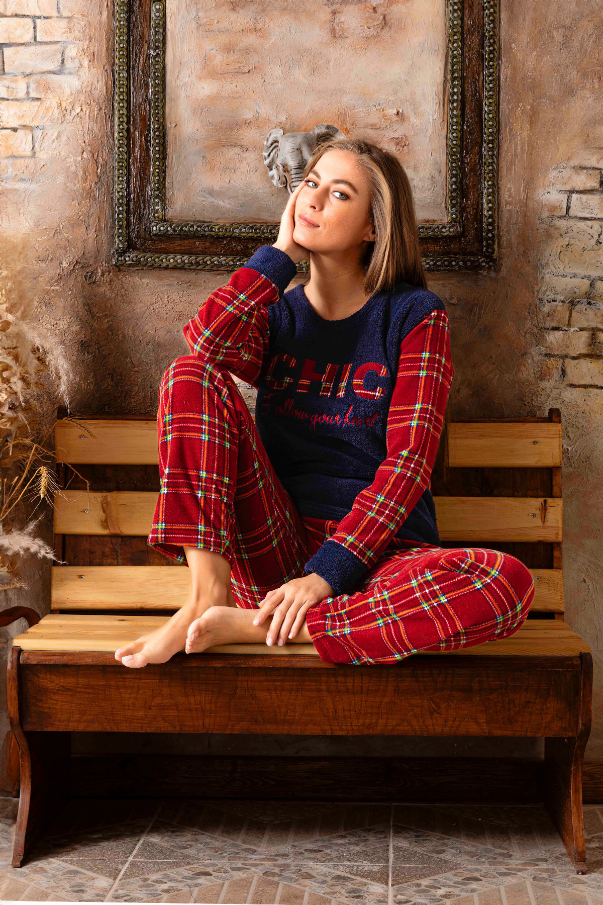 lacelove Nisanca Kışlık Kadın Welsoft Polar Pijama Takımı - Yeni Yıl Pijaması