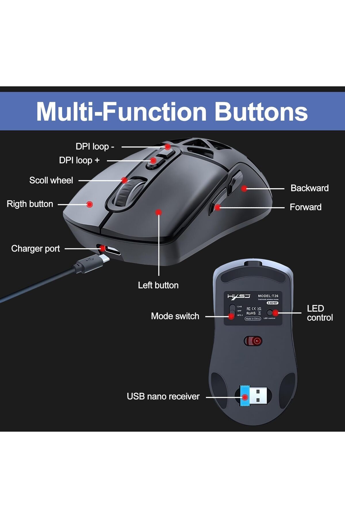 erorex-Wireless Gaming Mouse Bt5.1 + 2.4G Dual Mode & 7 Button Gaming Mouse & Usb Receiver ماوس قيمنق 3