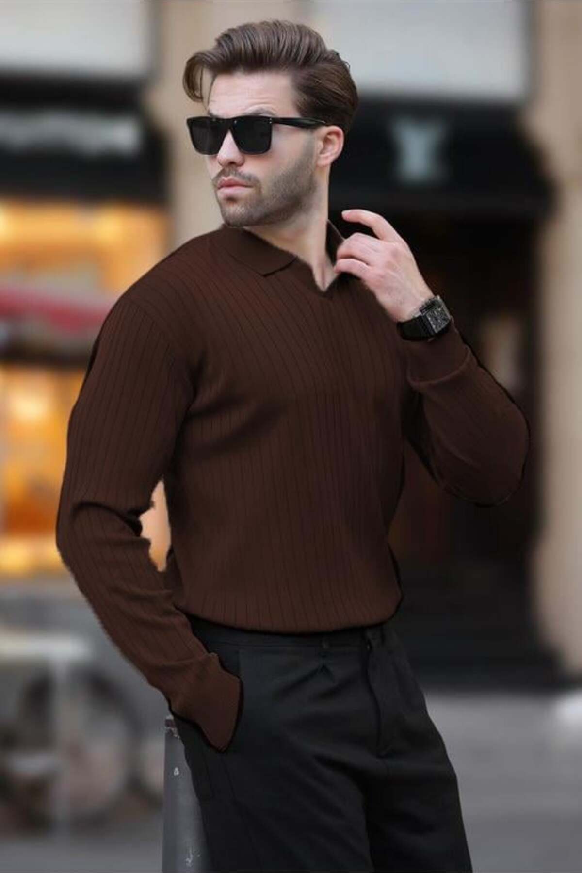 پلیور آستین بلند راه راه یقه قهوه ای تیره 7239 — قهوه‌ای — تصویر 3 از 4