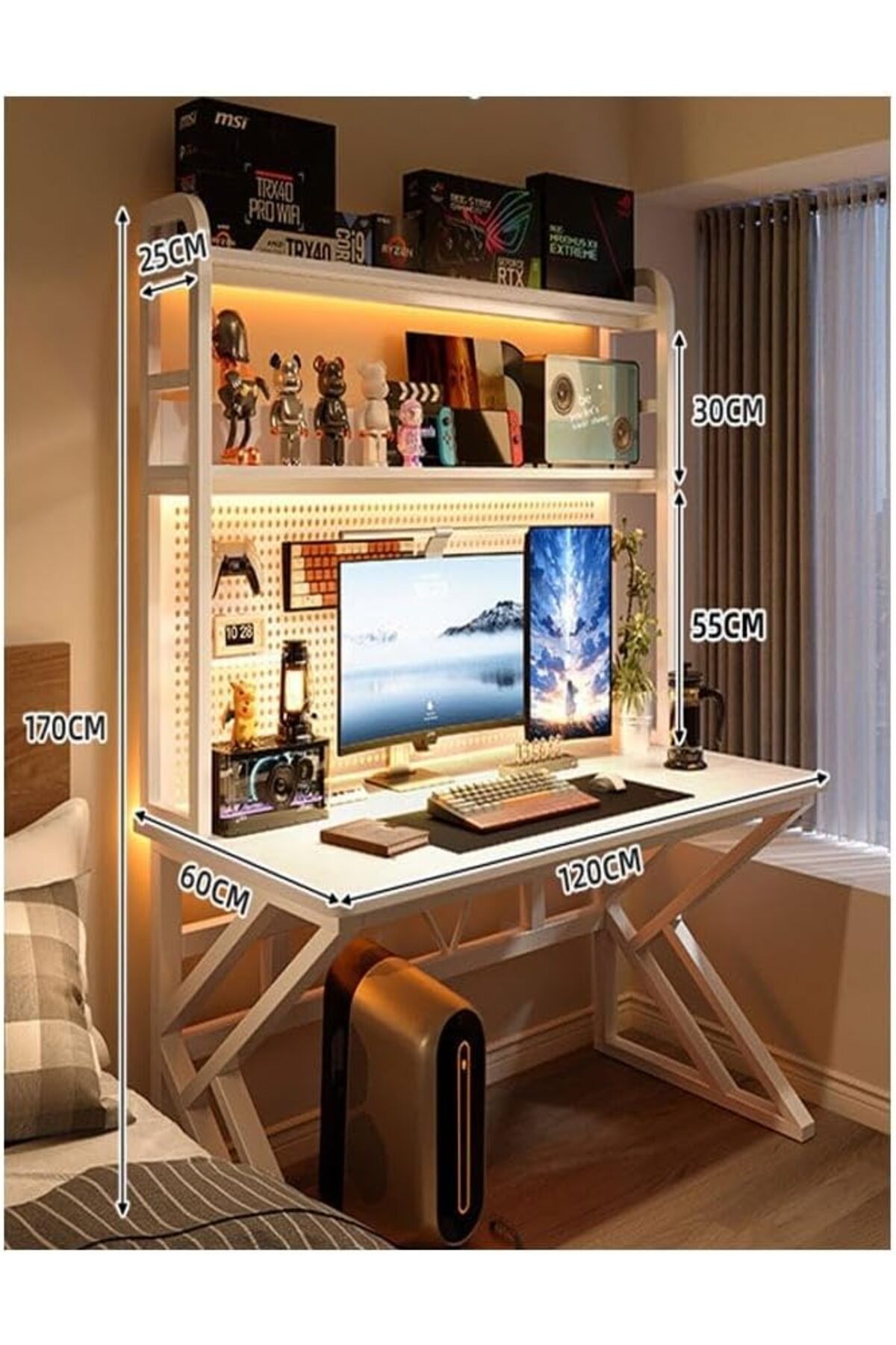 NKX-Computer Tables with Shelves for Organized Productivity White Frame with Hole Board Regular Height 1 3