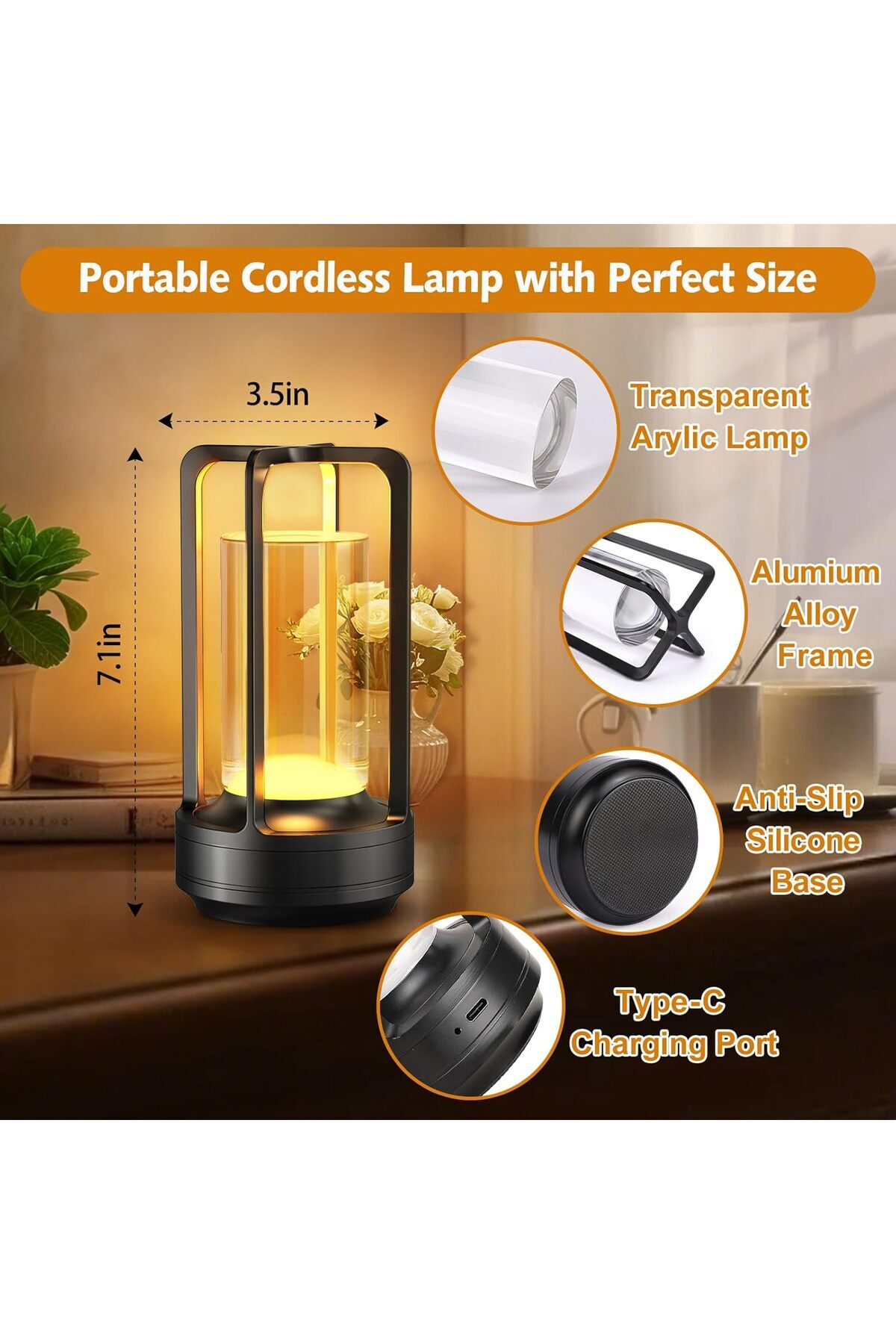 Taimi-Rechargeable Cordless LED Lamp,3-Colour Infinitely Dimming Battery Powered Small,Black 4