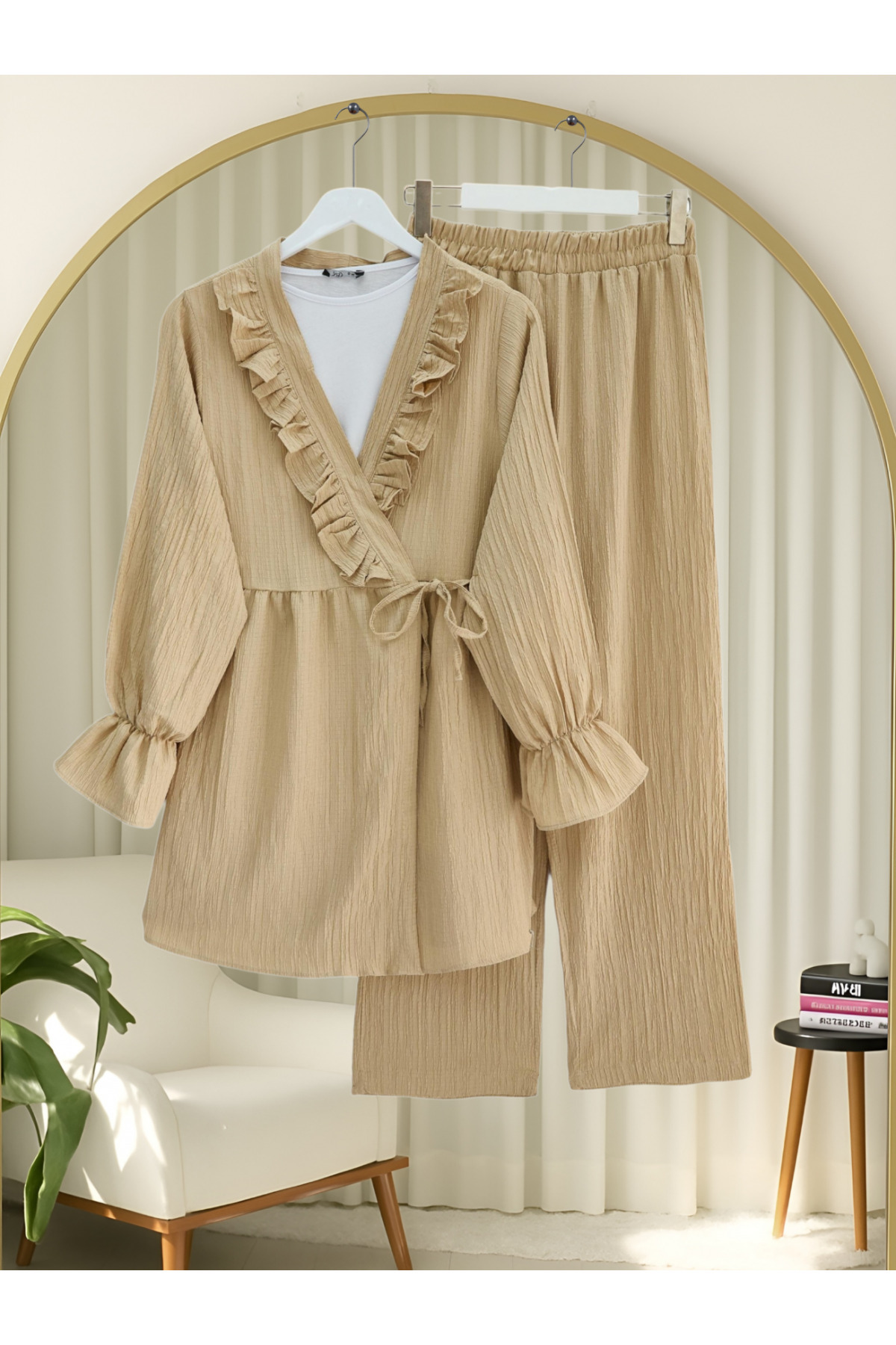 Modamorfo-Lace-Up Crinkle Kimono Set with Elasticized Sleeves and Ruffles on the Front - Mink 1