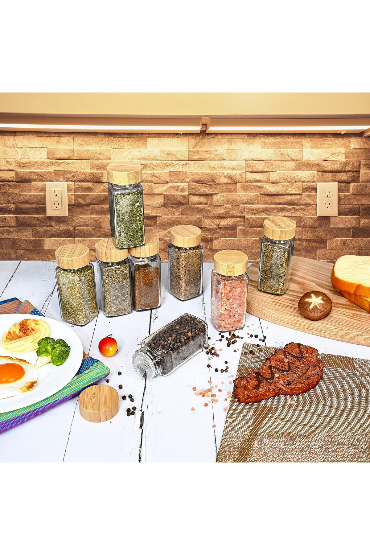 Elindor-Set of 12 Elindor® Glass Spice Containers with Bamboo Lids, Customizable Labels, Transparent 8