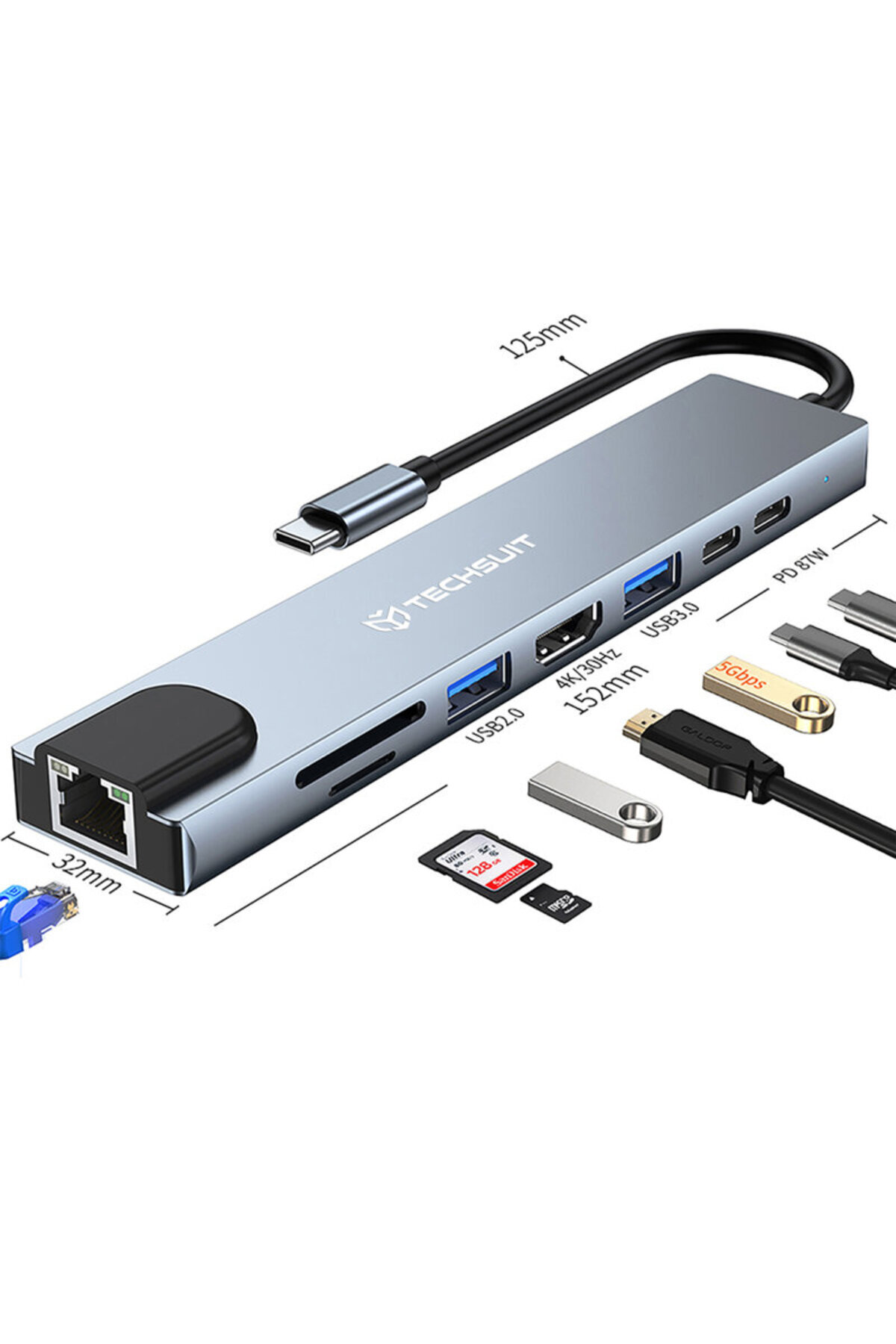 Techsuit-Hub Tip-C la 2x Tip-C, 2x USB, HDMI, RJ45, TF/SD, PD87W H2 2