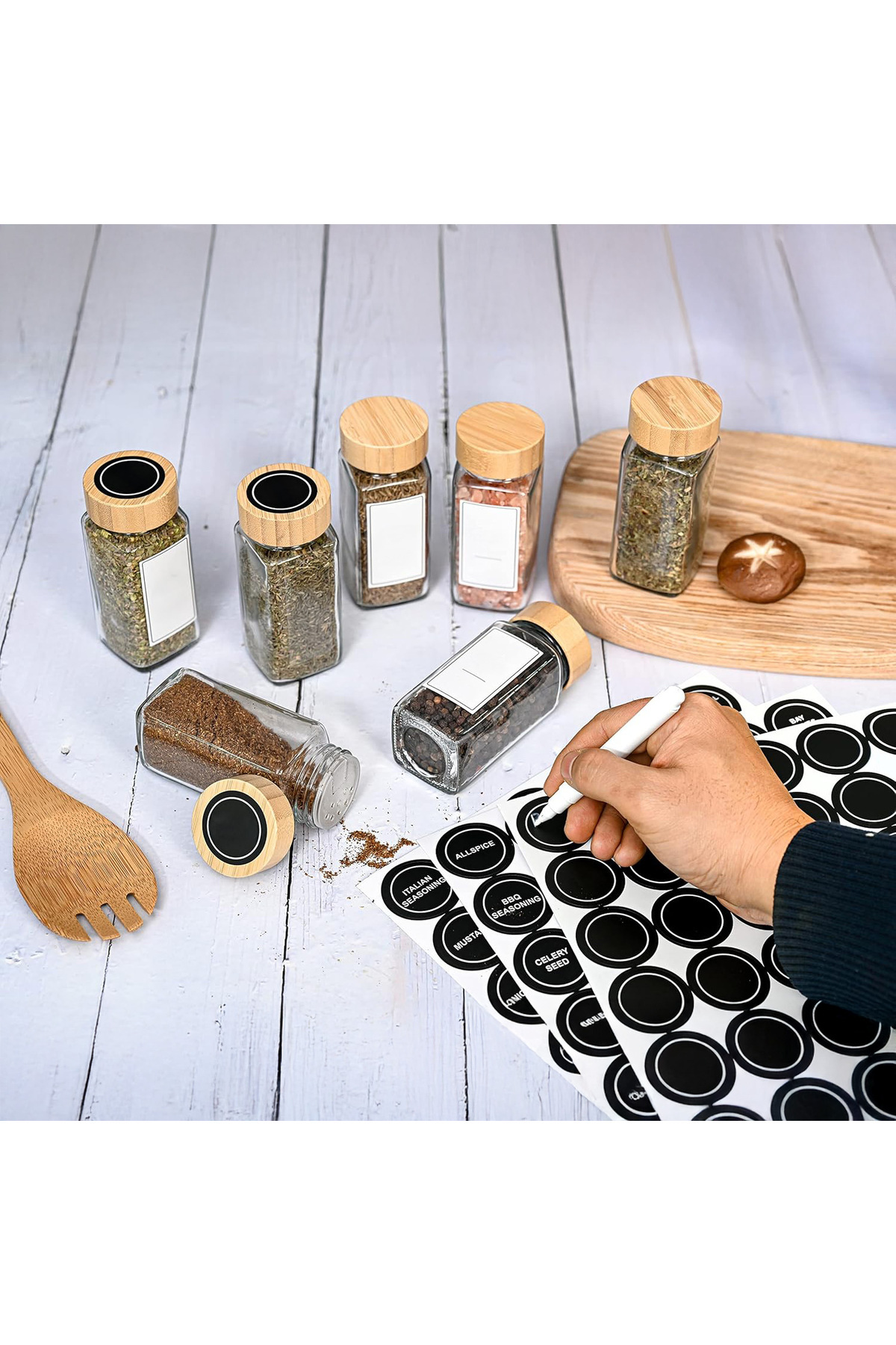 Elindor-Set of 12 Elindor® Glass Spice Containers with Bamboo Lids, Customizable Labels, Transparent 6